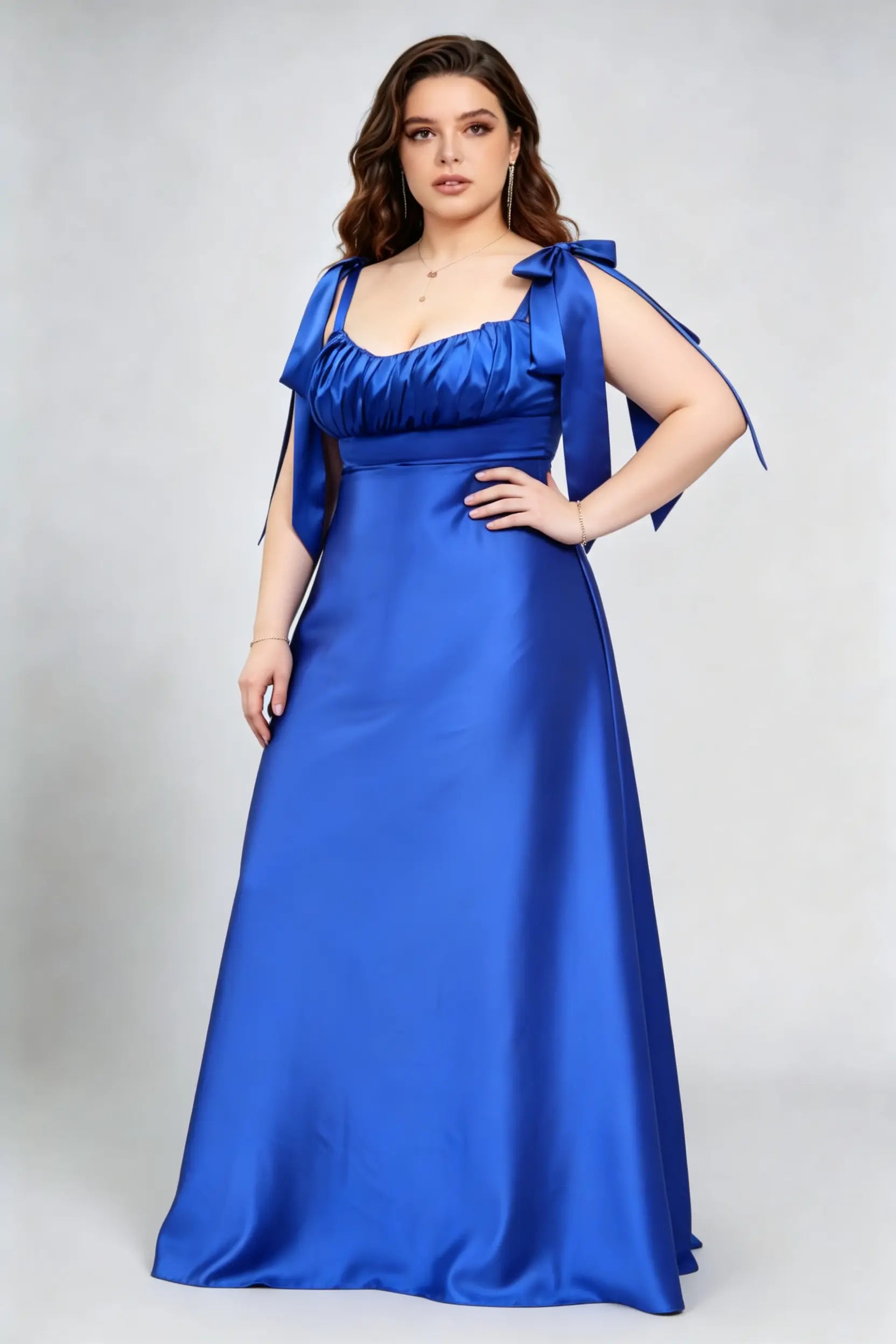 Plus Size Royal Blue Satin Gown - Bow Shoulder A-Line Formal Dress