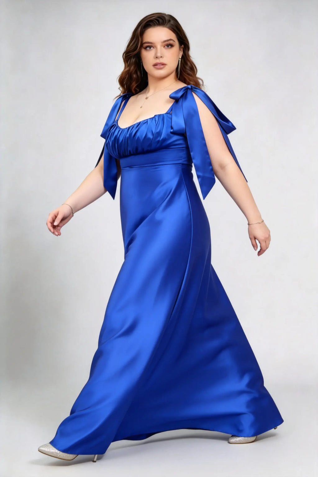 Plus Size Royal Blue Satin Gown - Bow Shoulder A-Line Formal Dress