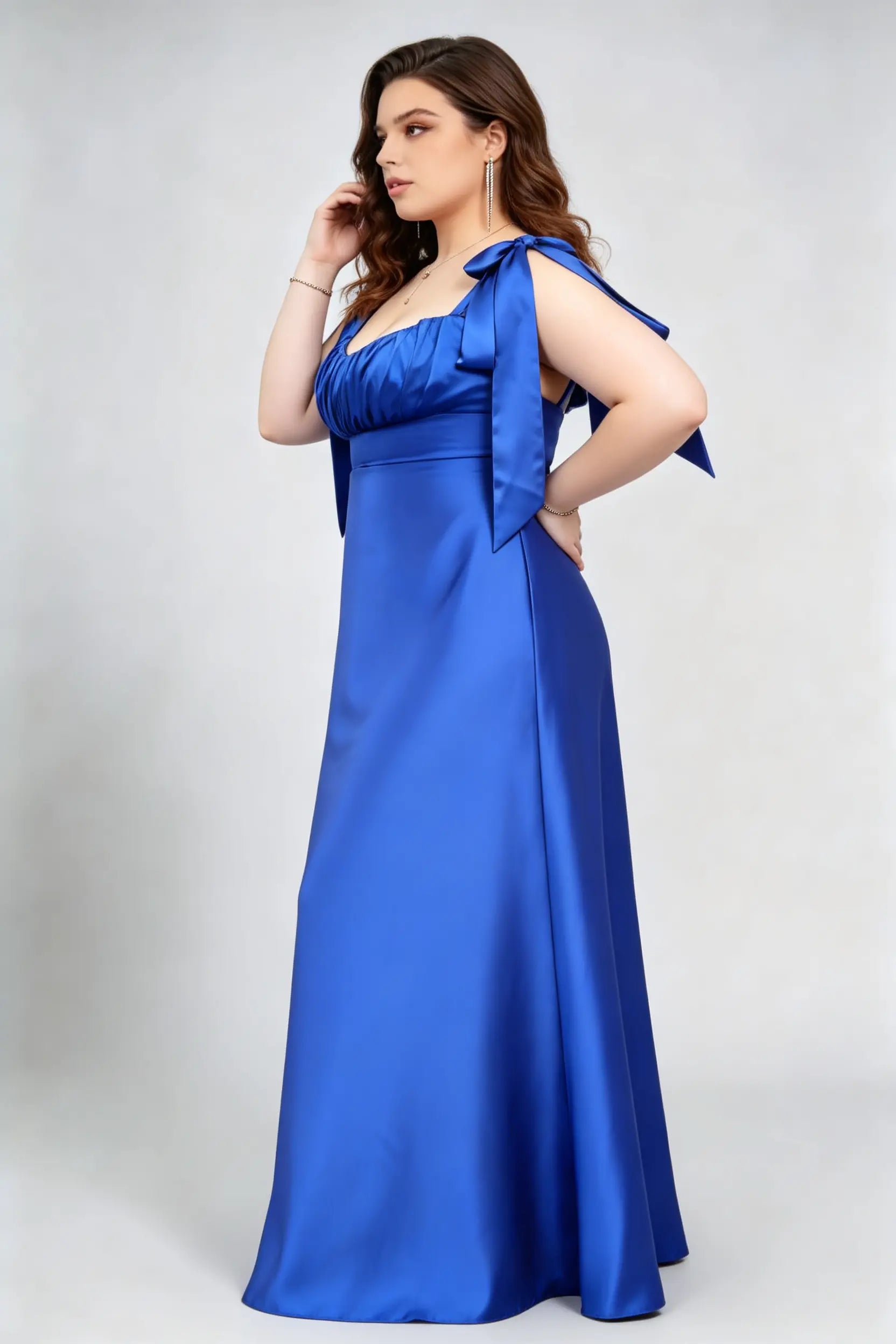 Plus Size Royal Blue Satin Gown - Bow Shoulder A-Line Formal Dress