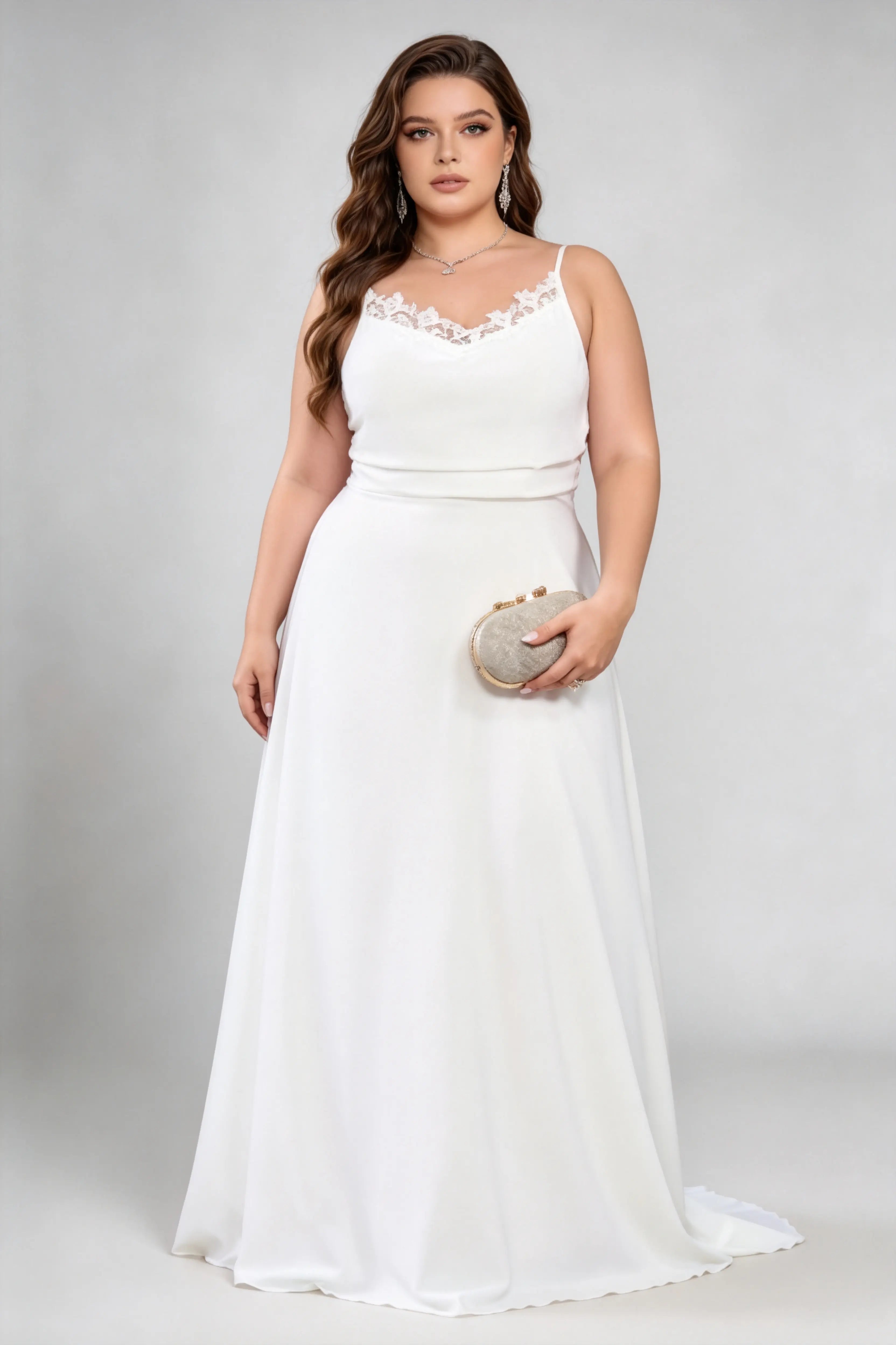 Plus Size White Lace Trim Gown - Spaghetti Strap Wedding Dress with Train