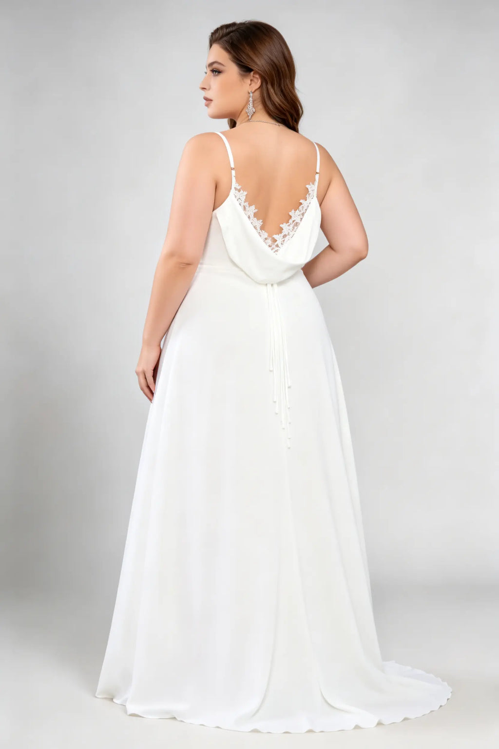 Plus Size White Lace Trim Gown - Spaghetti Strap Wedding Dress with Train
