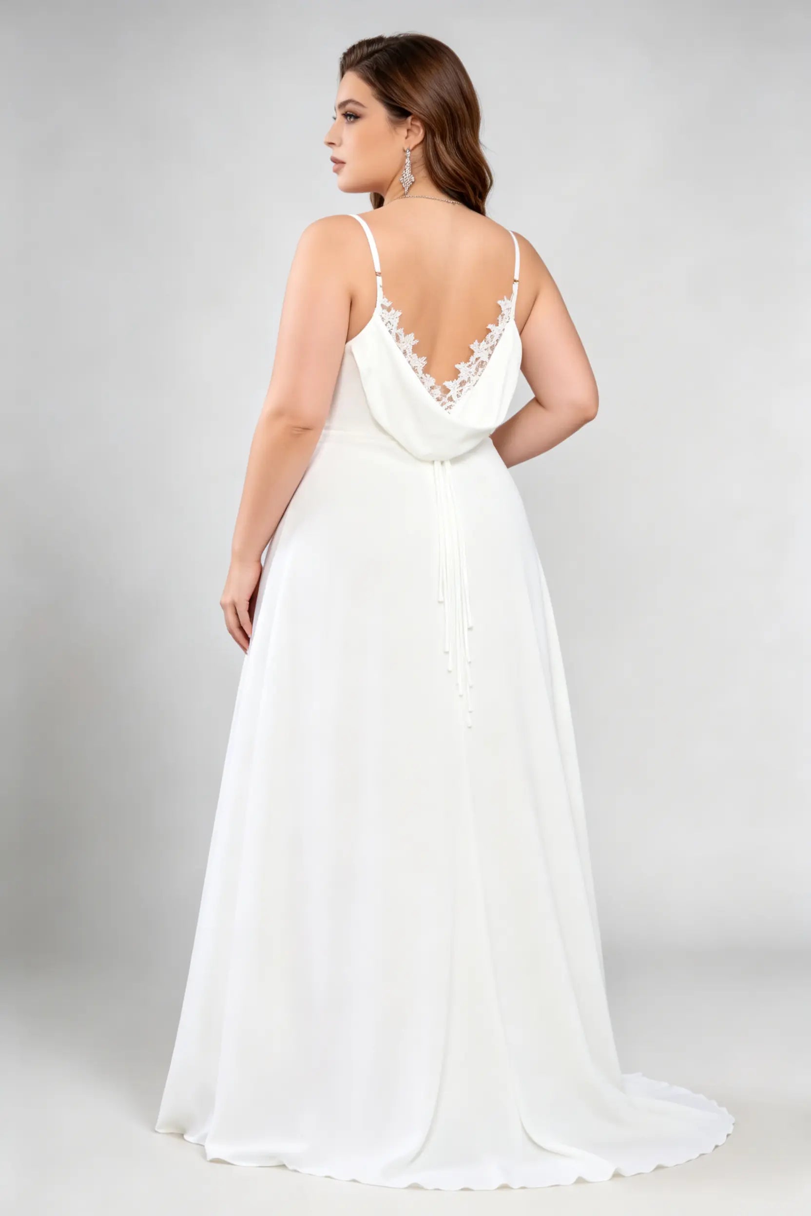 Plus Size White Lace Trim Gown - Spaghetti Strap Wedding Dress with Train
