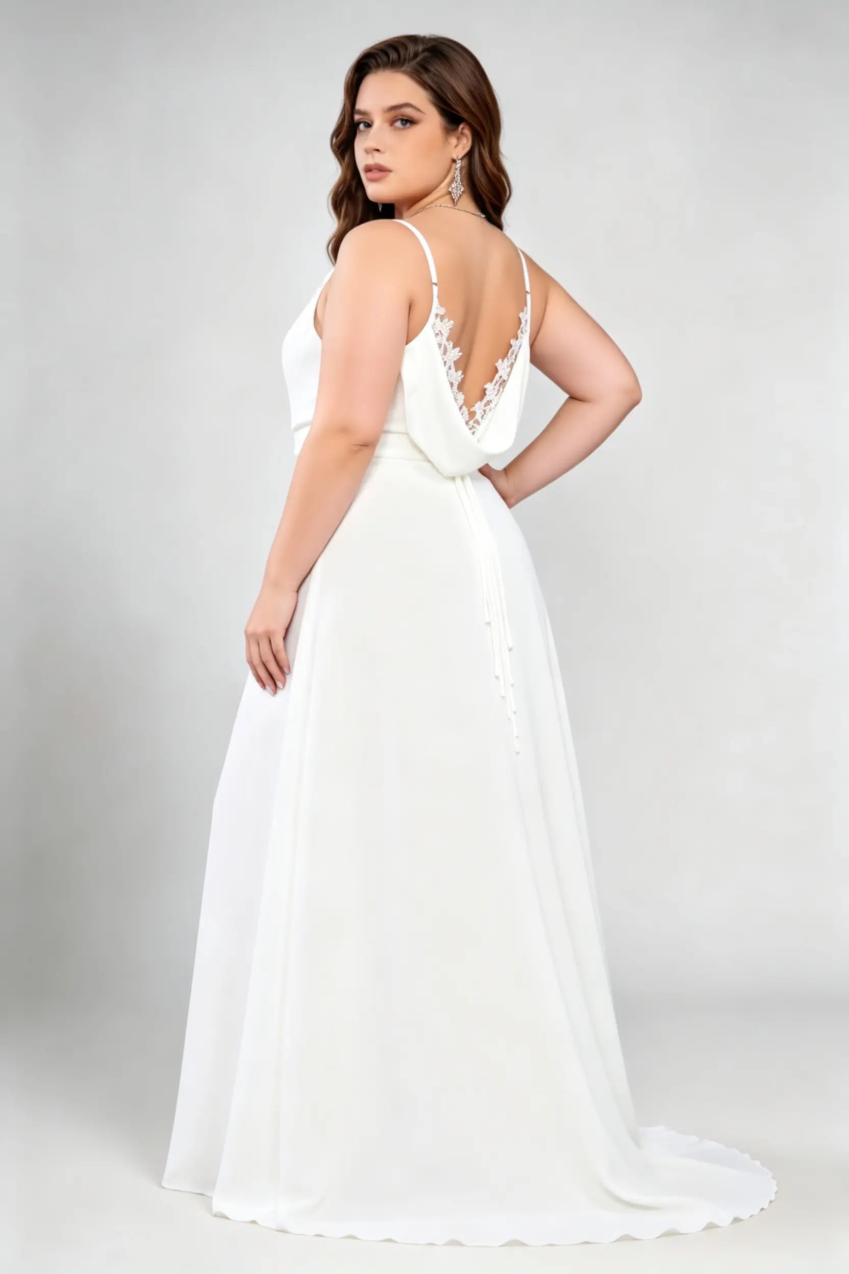Plus Size White Lace Trim Gown - Spaghetti Strap Wedding Dress with Train