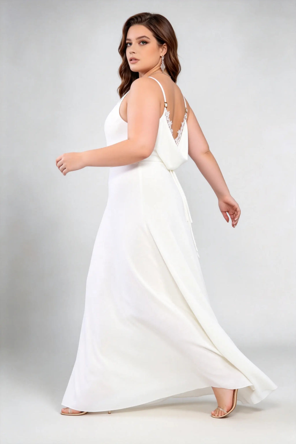Plus Size White Lace Trim Gown - Spaghetti Strap Wedding Dress with Train