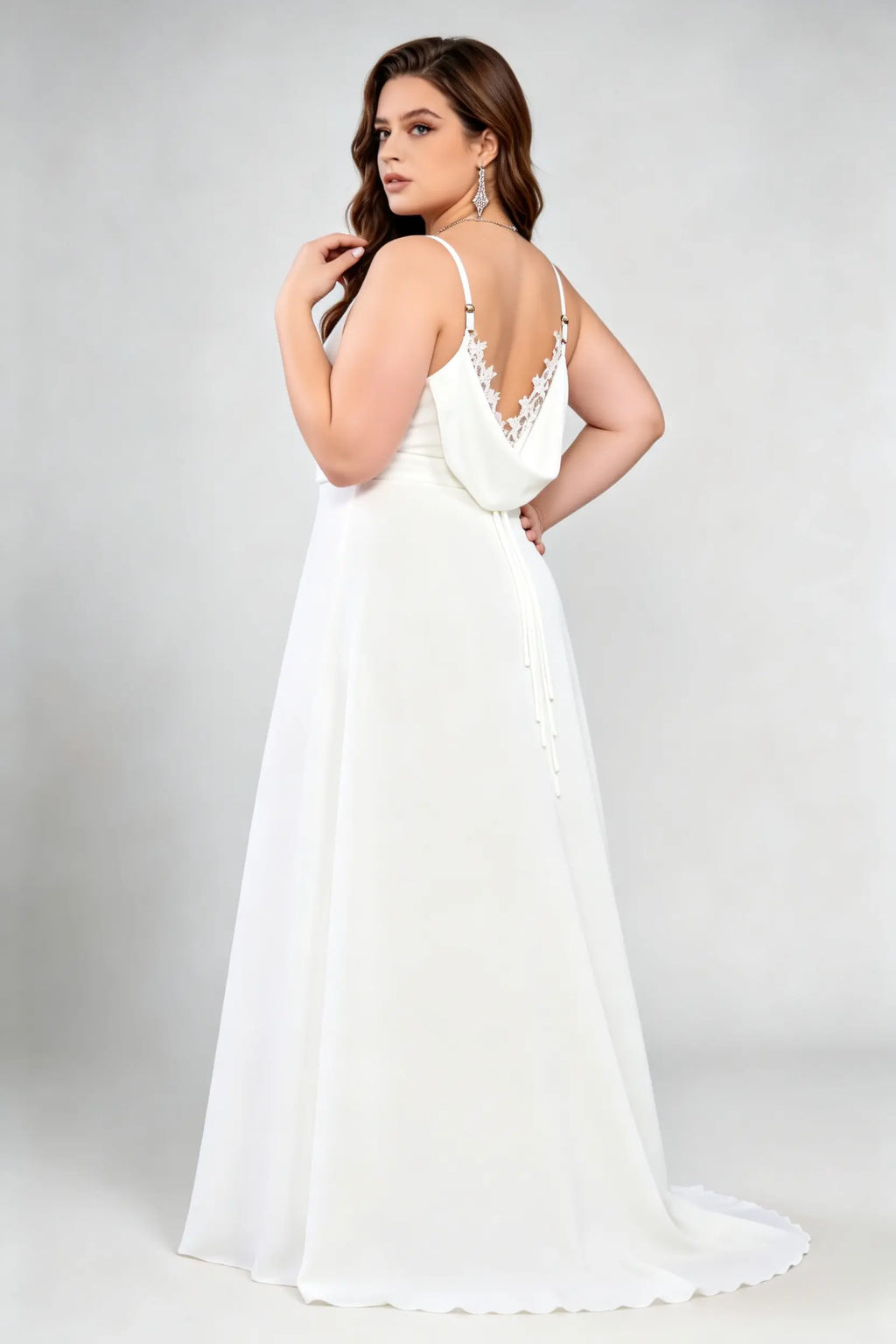 Plus Size White Lace Trim Gown - Spaghetti Strap Wedding Dress with Train