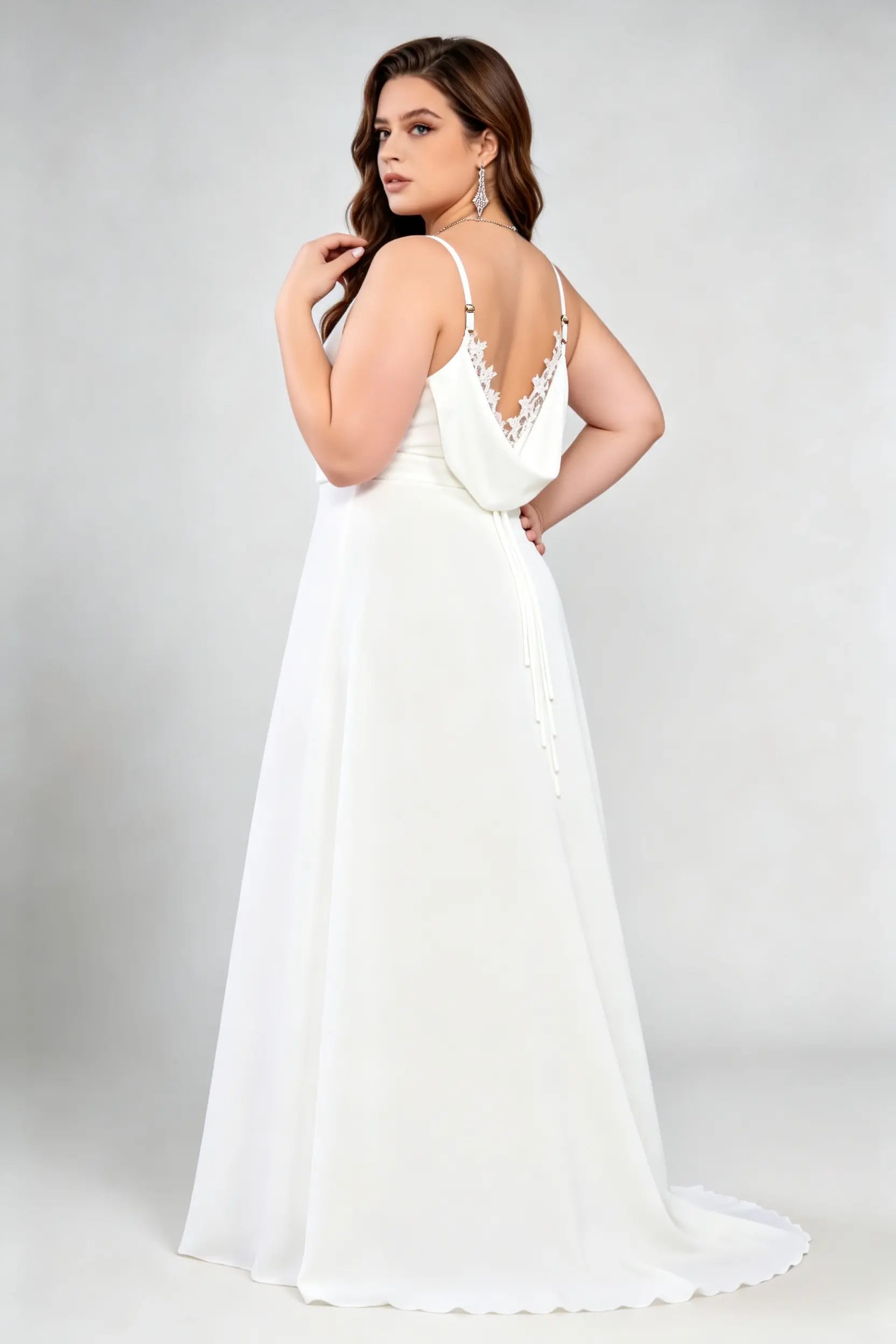 Plus Size White Lace Trim Gown - Spaghetti Strap Wedding Dress with Train