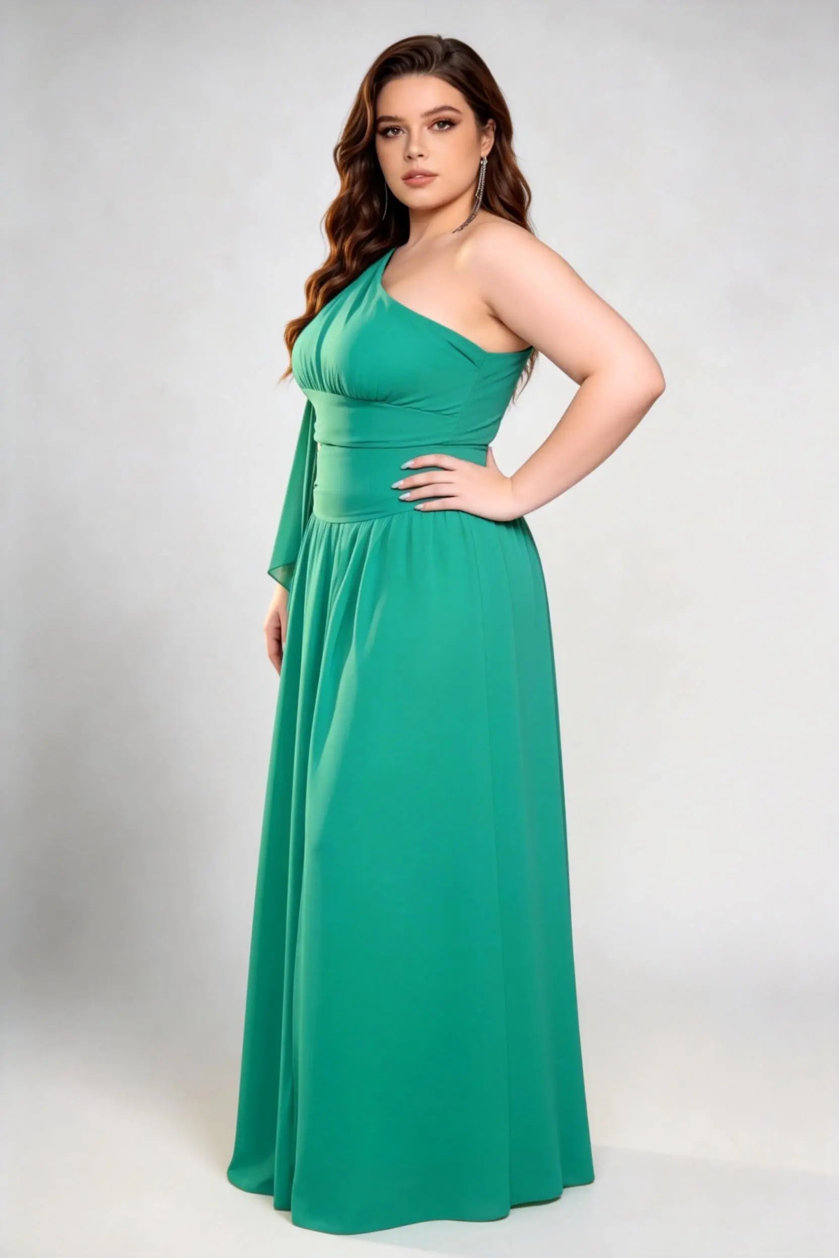 Plus Size Emerald Green One-Shoulder Gown - Chiffon A-Line Formal Dres phoehua Plus Size Emerald Green One-Shoulder Gown - Chiffon A-Line Formal Dres phoehua