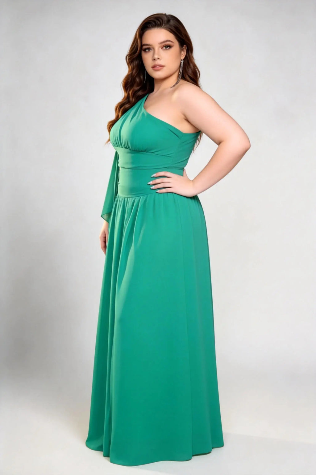 Plus Size Emerald Green One-Shoulder Gown - Chiffon A-Line Formal Dress