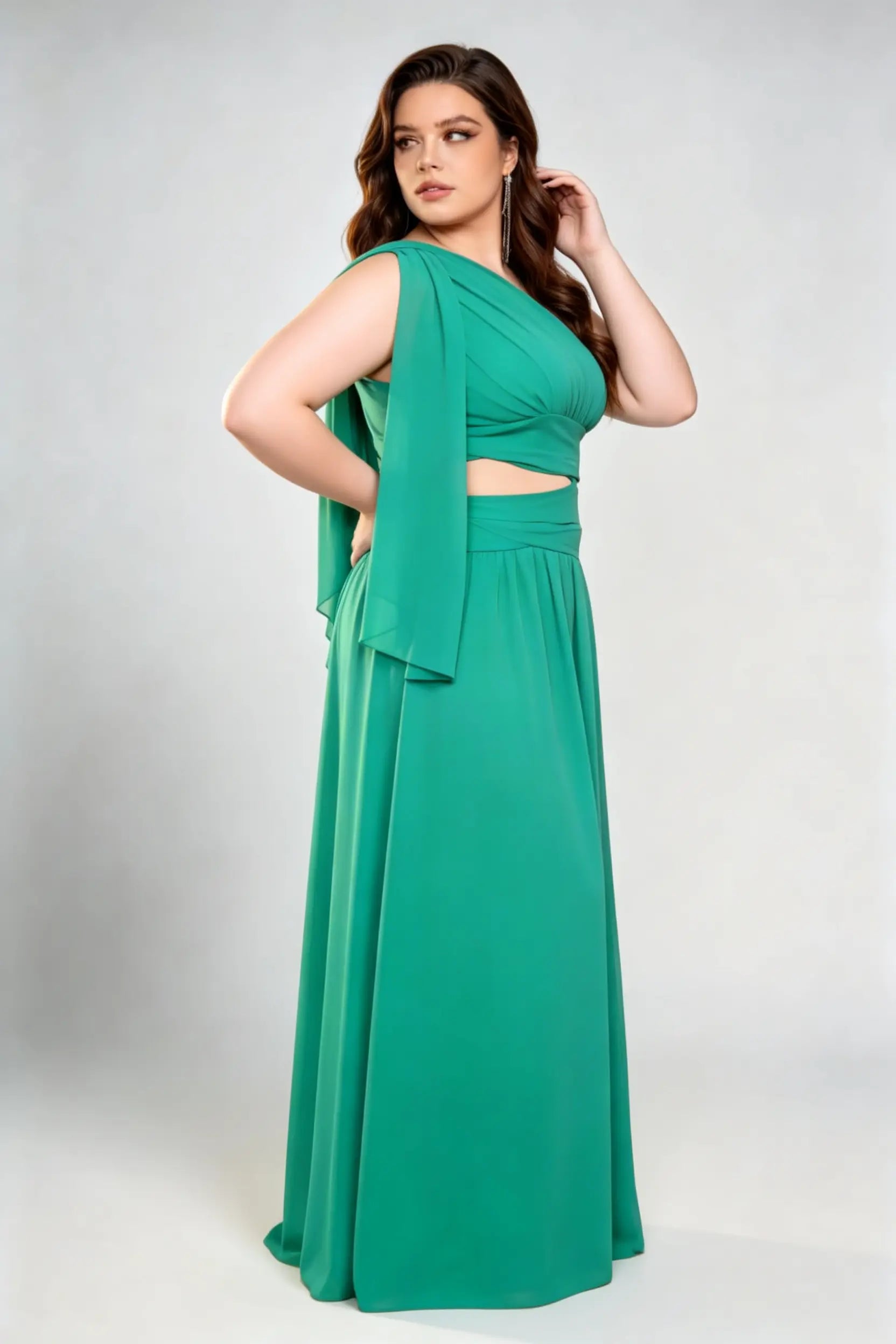 Plus Size Emerald Green One-Shoulder Gown - Chiffon A-Line Formal Dress