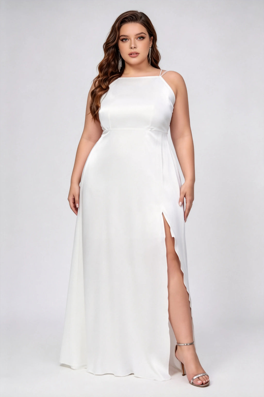 Plus Size White Satin Halter Gown