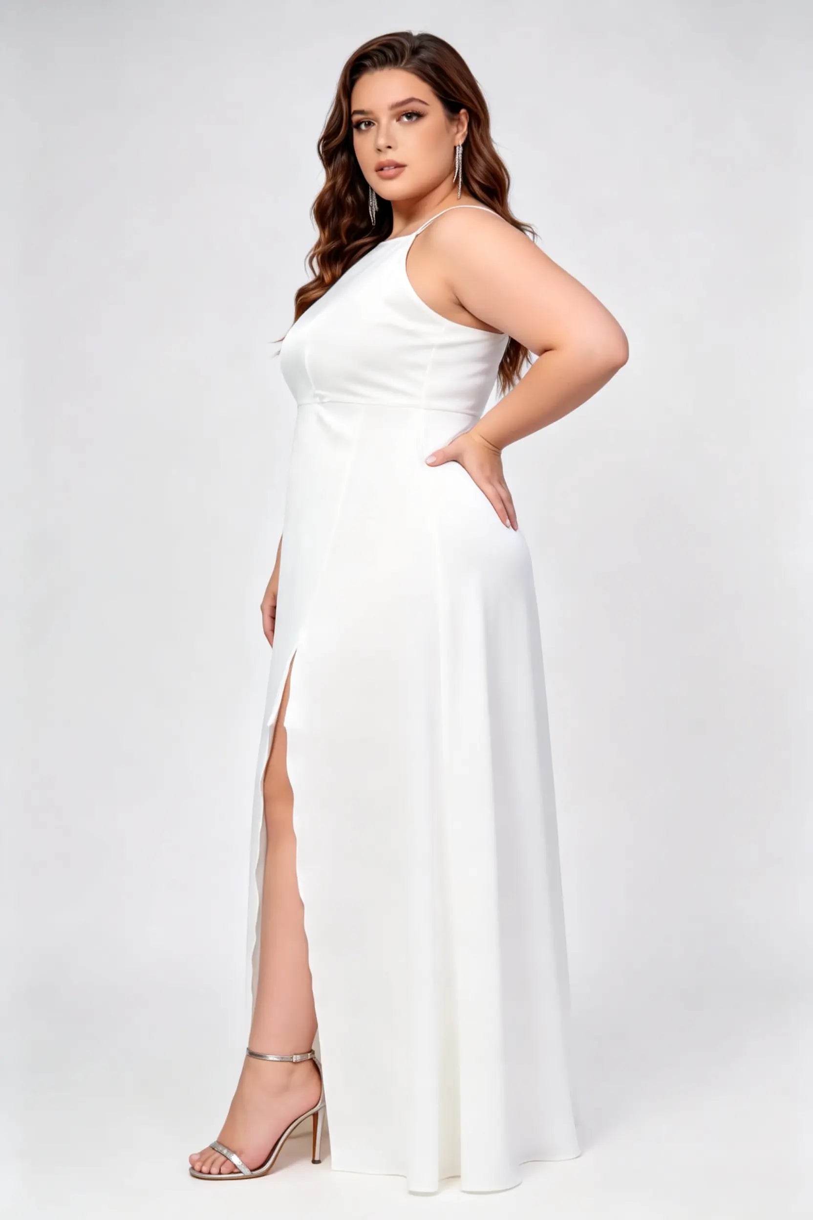 Plus Size White Satin Halter Gown - A-Line Formal Dress with Thigh High Slit