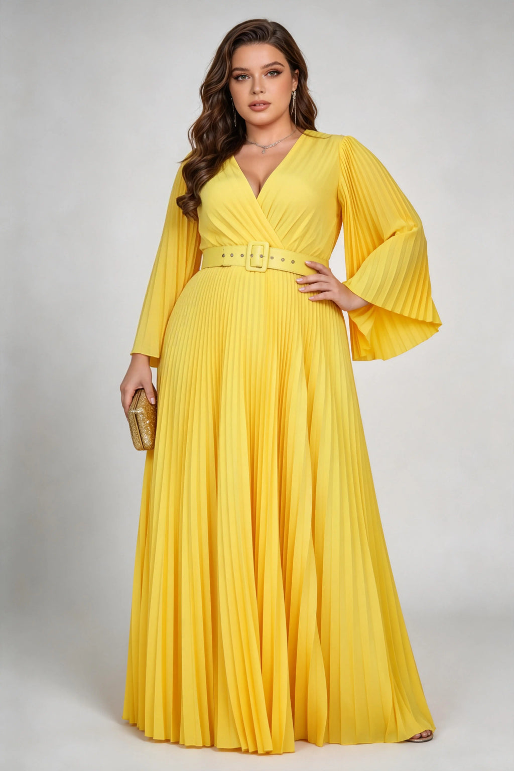 Plus Size Yellow Pleated Maxi Dress - V-Neck Bell Sleeve Formal Gown with Belt
