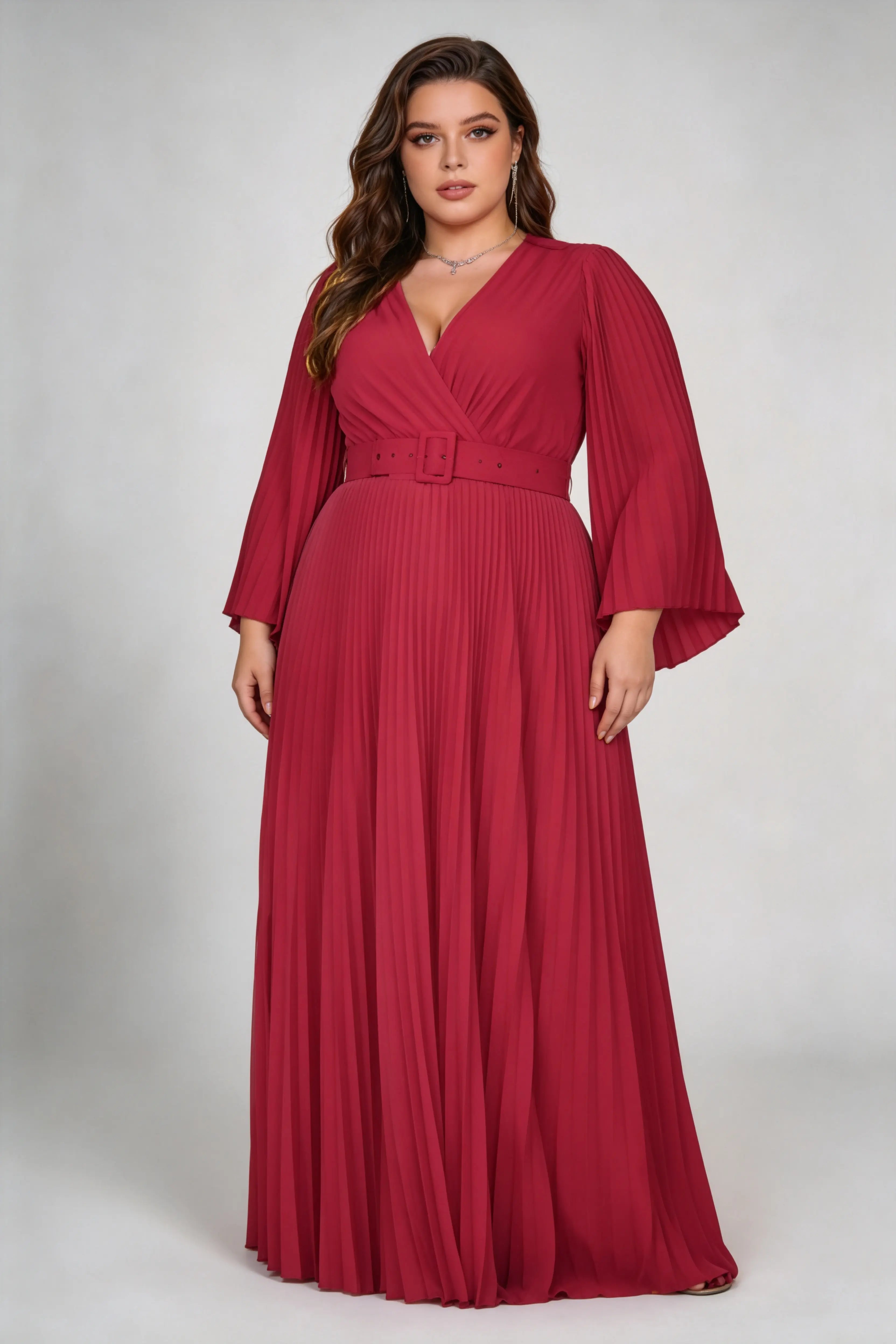 Plus Size Burgundy Pleated Maxi Dress - V-Neck Bell Sleeve Formal Gown with Belt