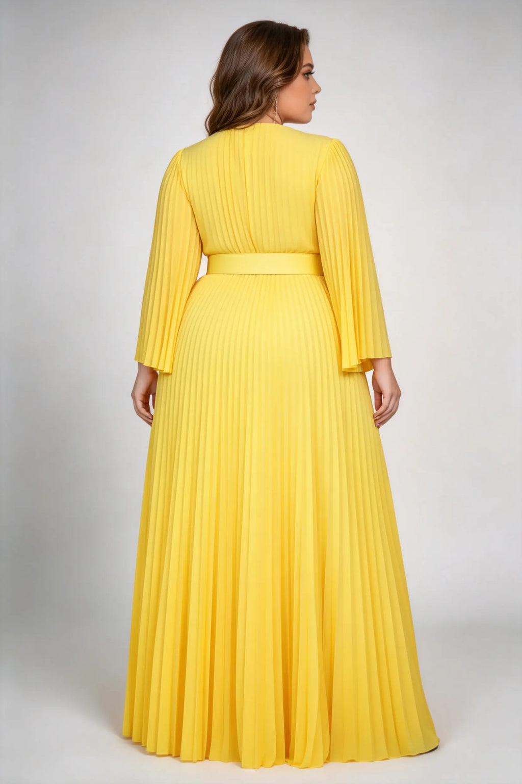 Plus Size Yellow Pleated Maxi Dress - V-Neck Bell Sleeve Formal Gown with Belt