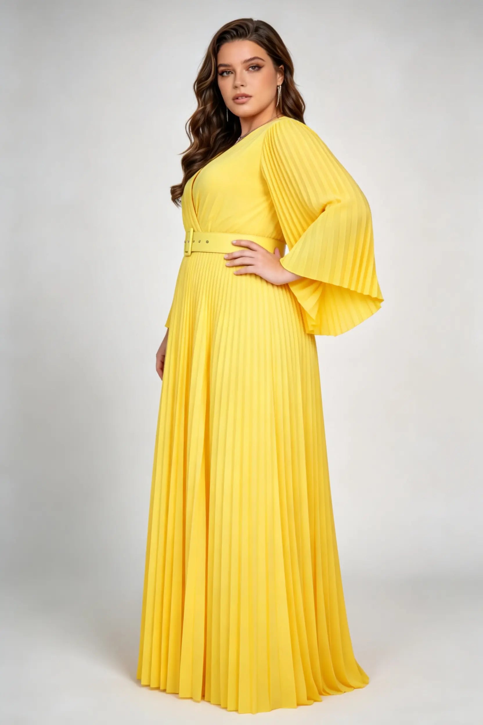 Plus Size Yellow Pleated Maxi Dress - V-Neck Bell Sleeve Formal Gown with Belt