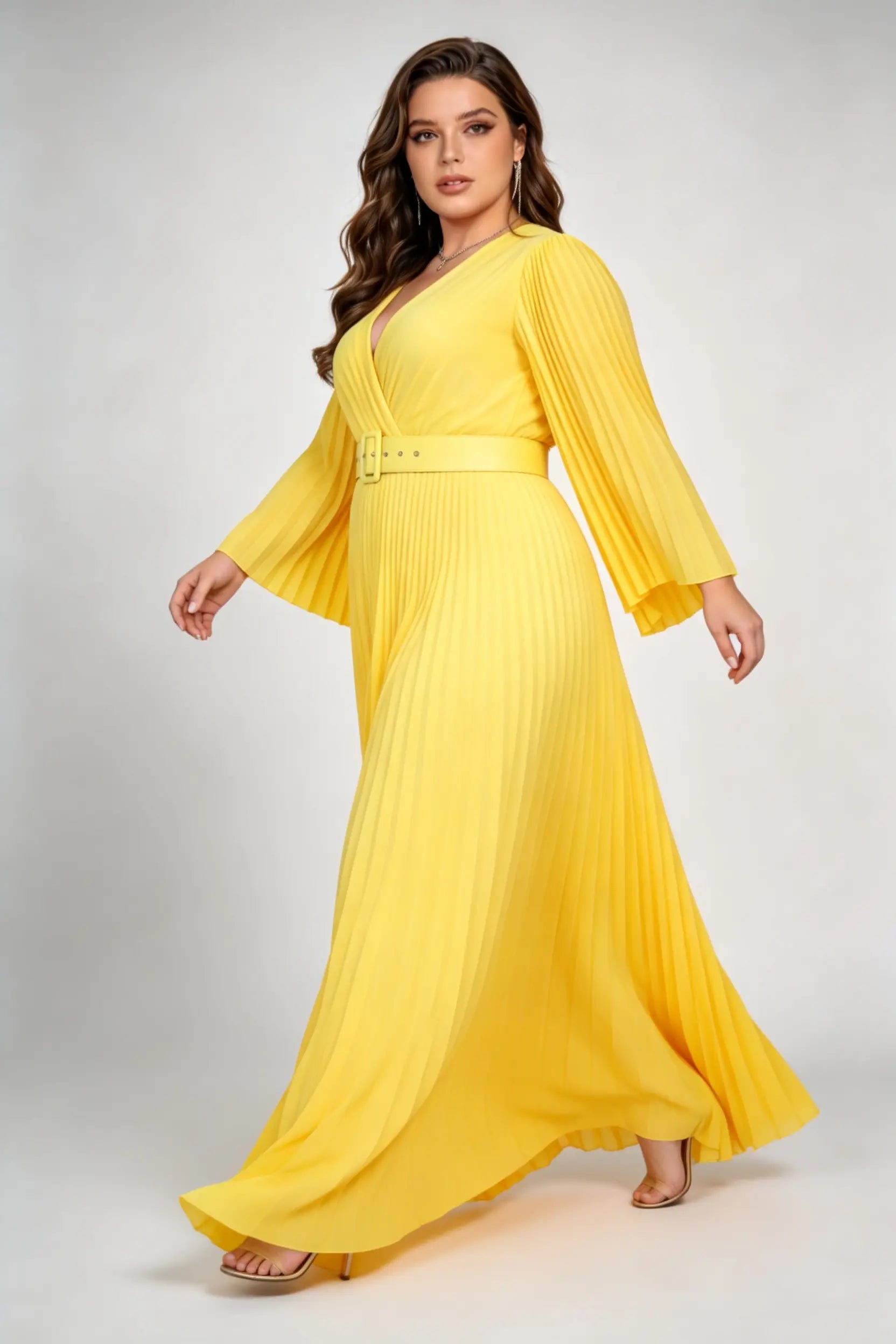 Plus Size Yellow Pleated Maxi Dress - V-Neck Bell Sleeve Formal Gown with Belt