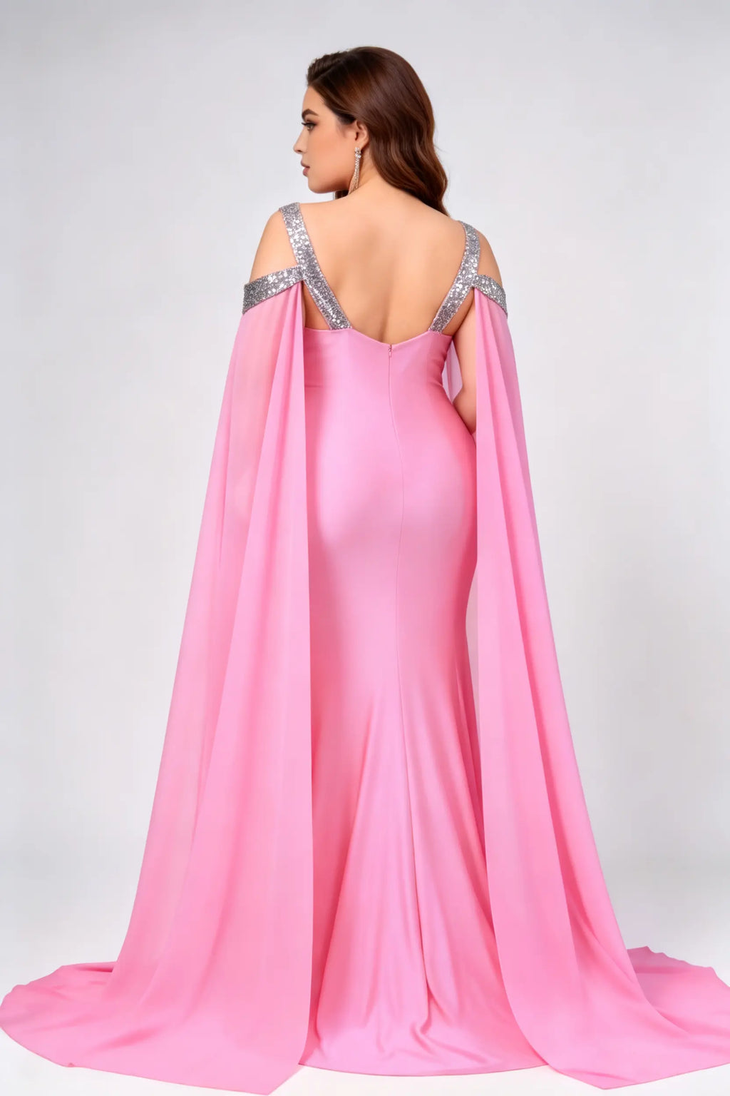 Plus Size Pink Cape Gown - Off-Shoulder Sequin Trim Formal Dress with Slit