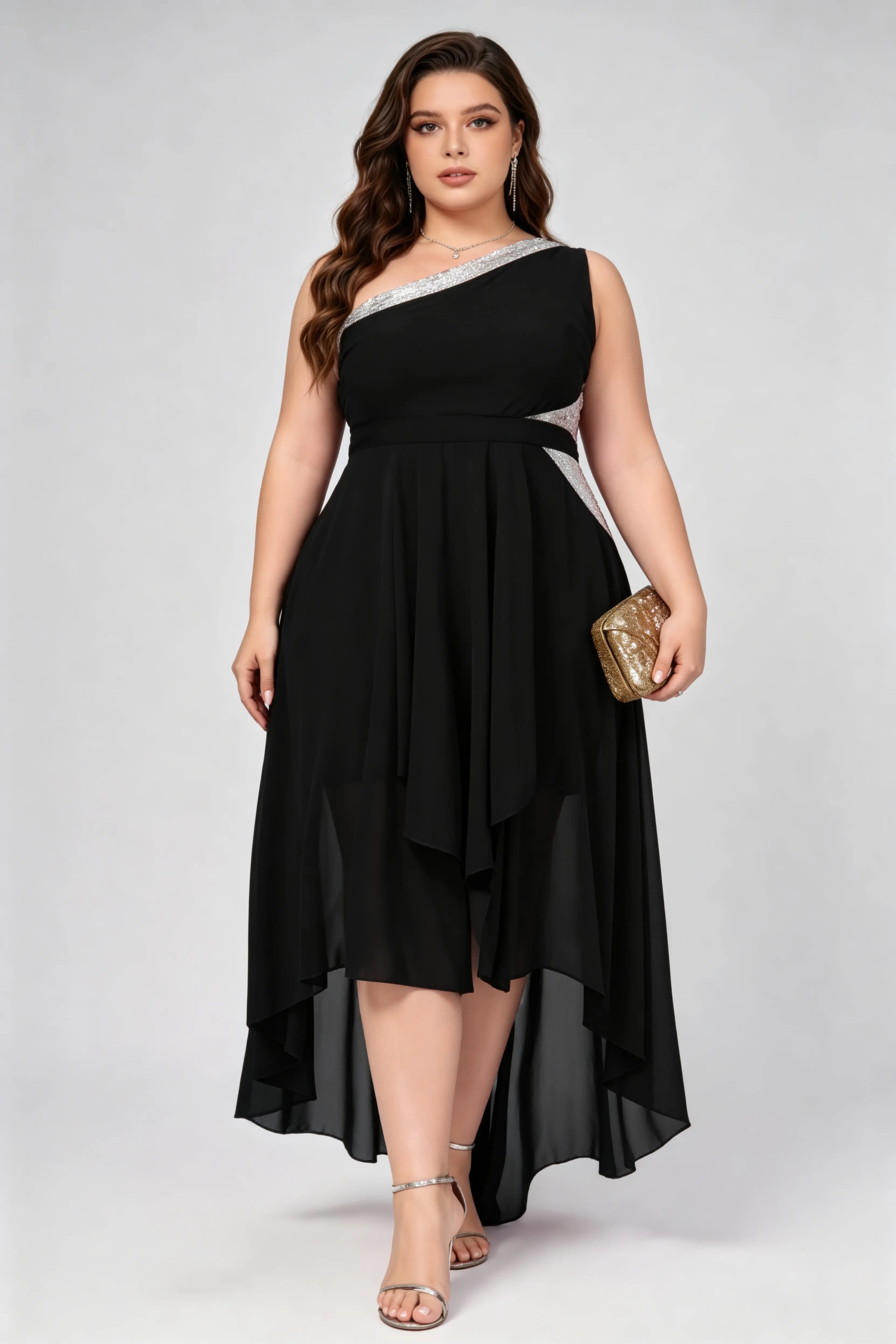 Plus Size Black One-Shoulder Sequin Dress - High-Low Chiffon Formal Gown