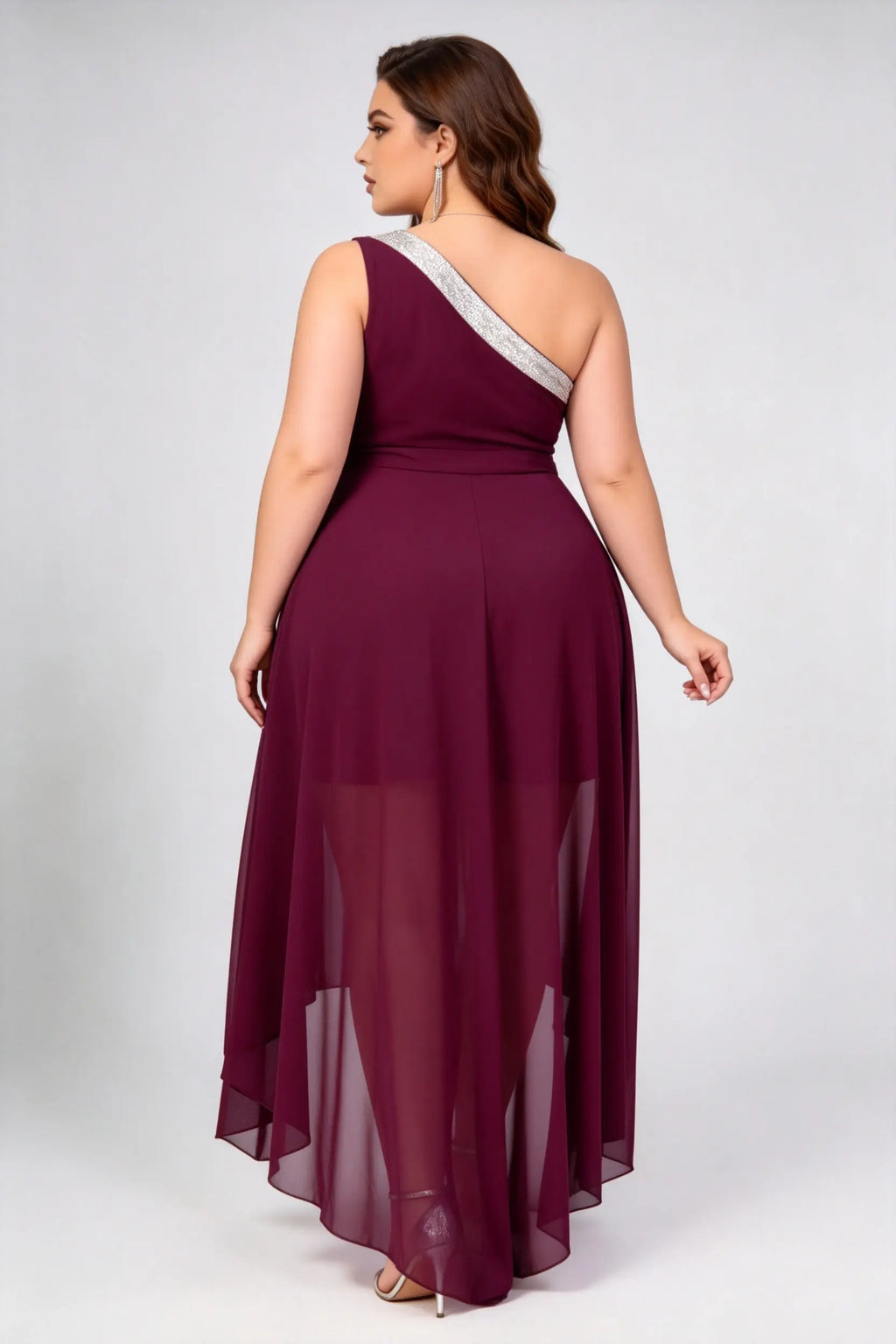 Plus Size Burgundy One-Shoulder Sequin Dress - High-Low Chiffon Formal Gown