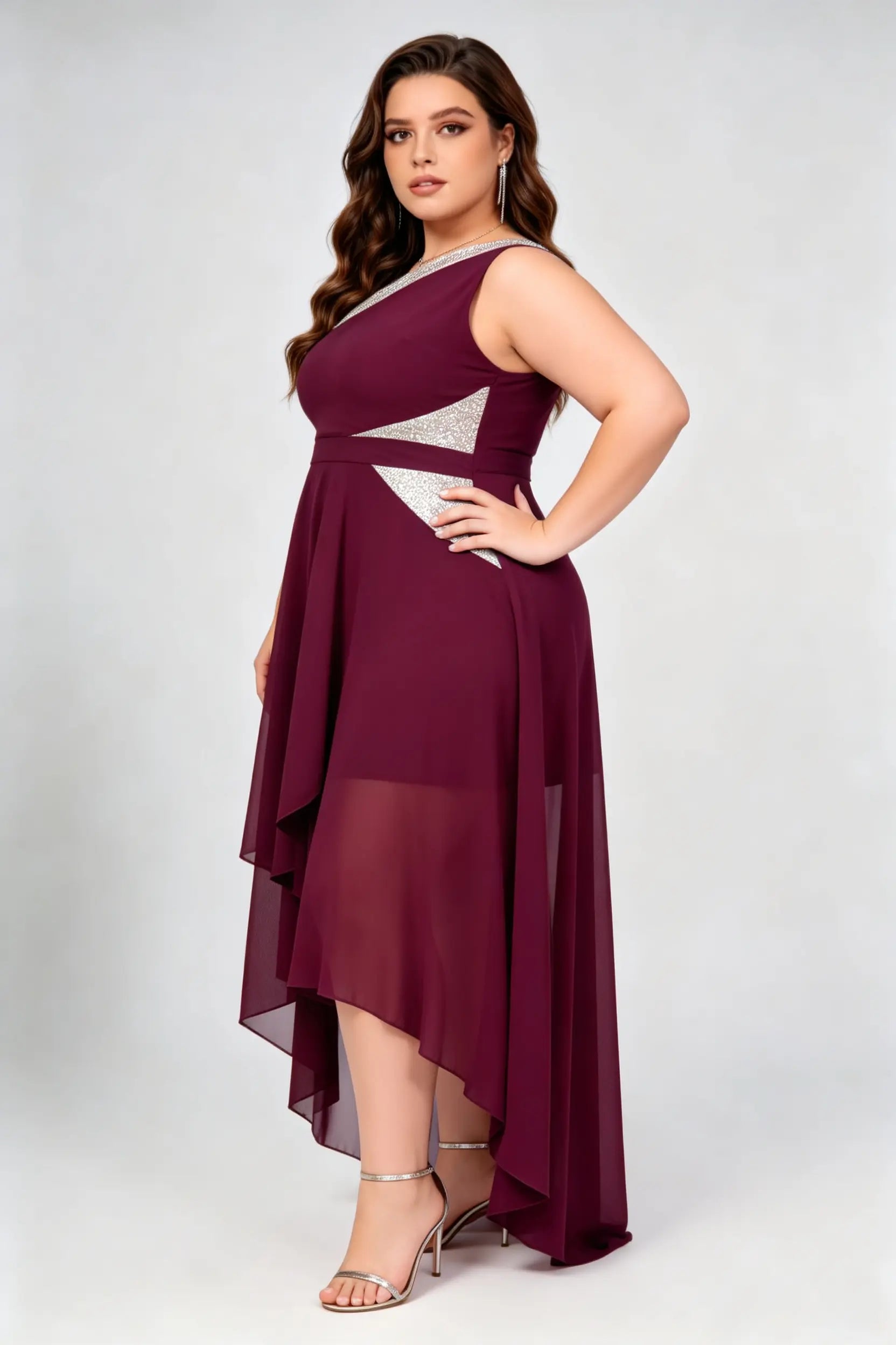 Plus Size Burgundy One-Shoulder Sequin Dress - High-Low Chiffon Formal Gown