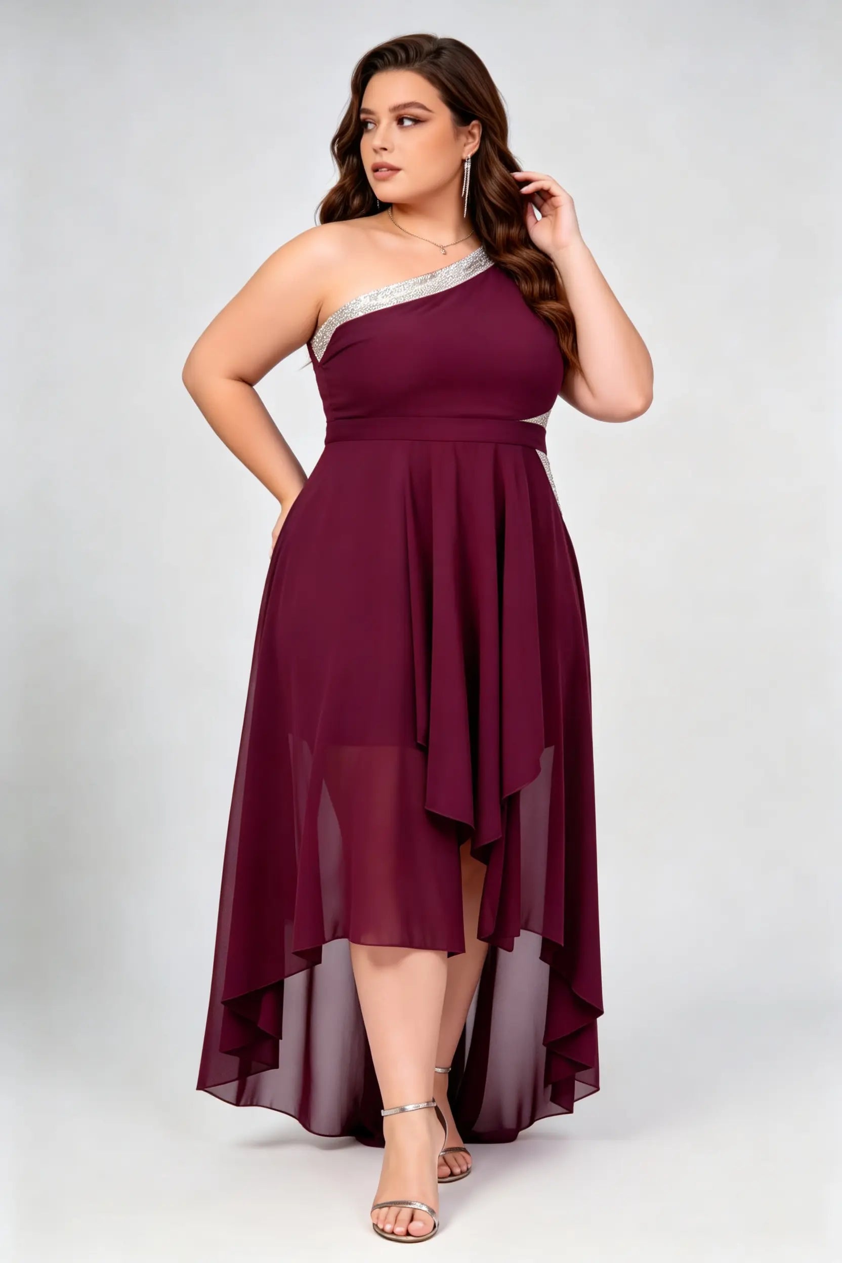 Plus Size Burgundy One-Shoulder Sequin Dress - High-Low Chiffon Formal Gown