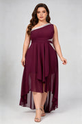 Plus Size Burgundy One-Shoulder Sequin Dress - High-Low Chiffon Formal Gown