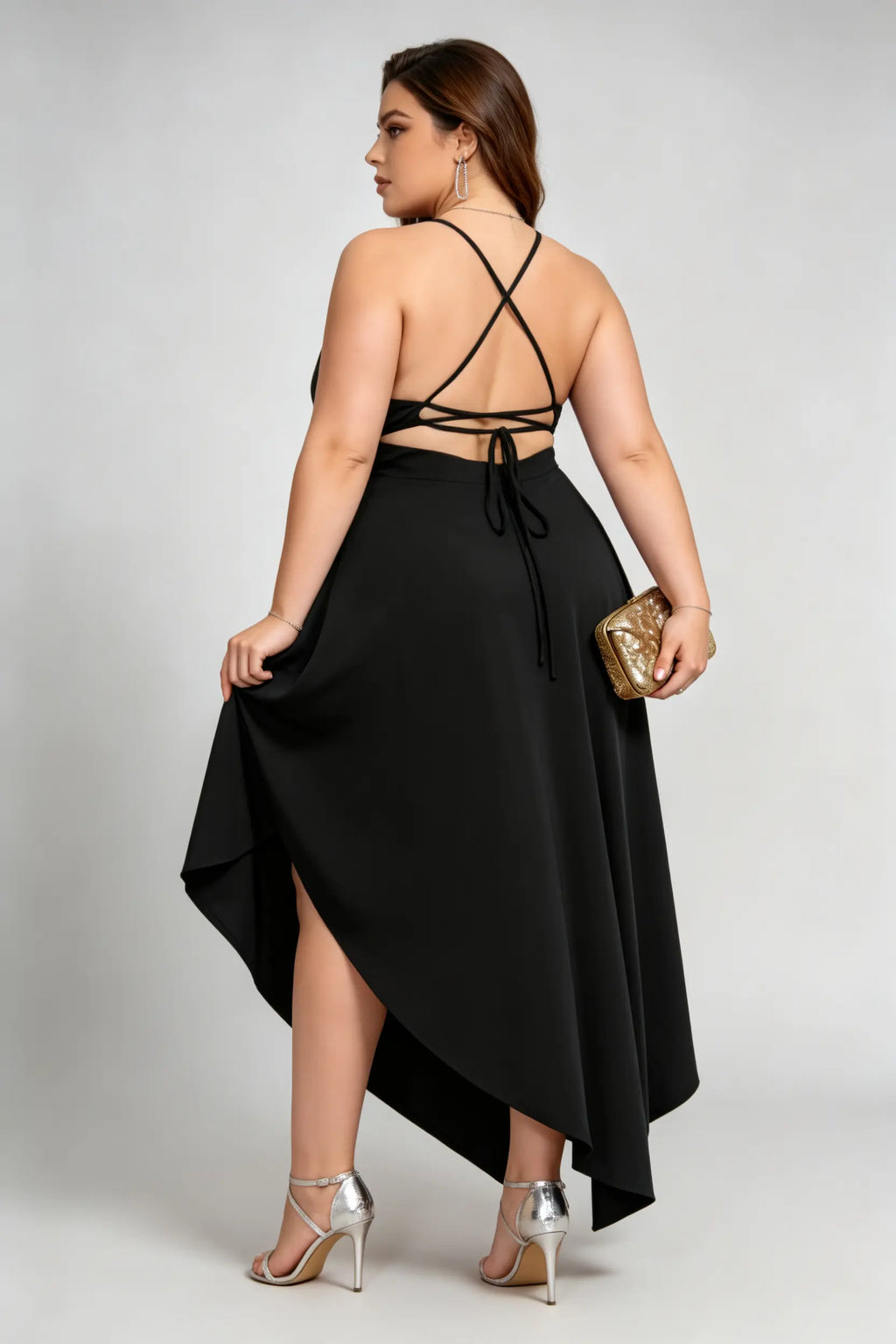 Plus Size Plunge Neck Wrap Dress - High-Low Black Cocktail Gown with Open Back