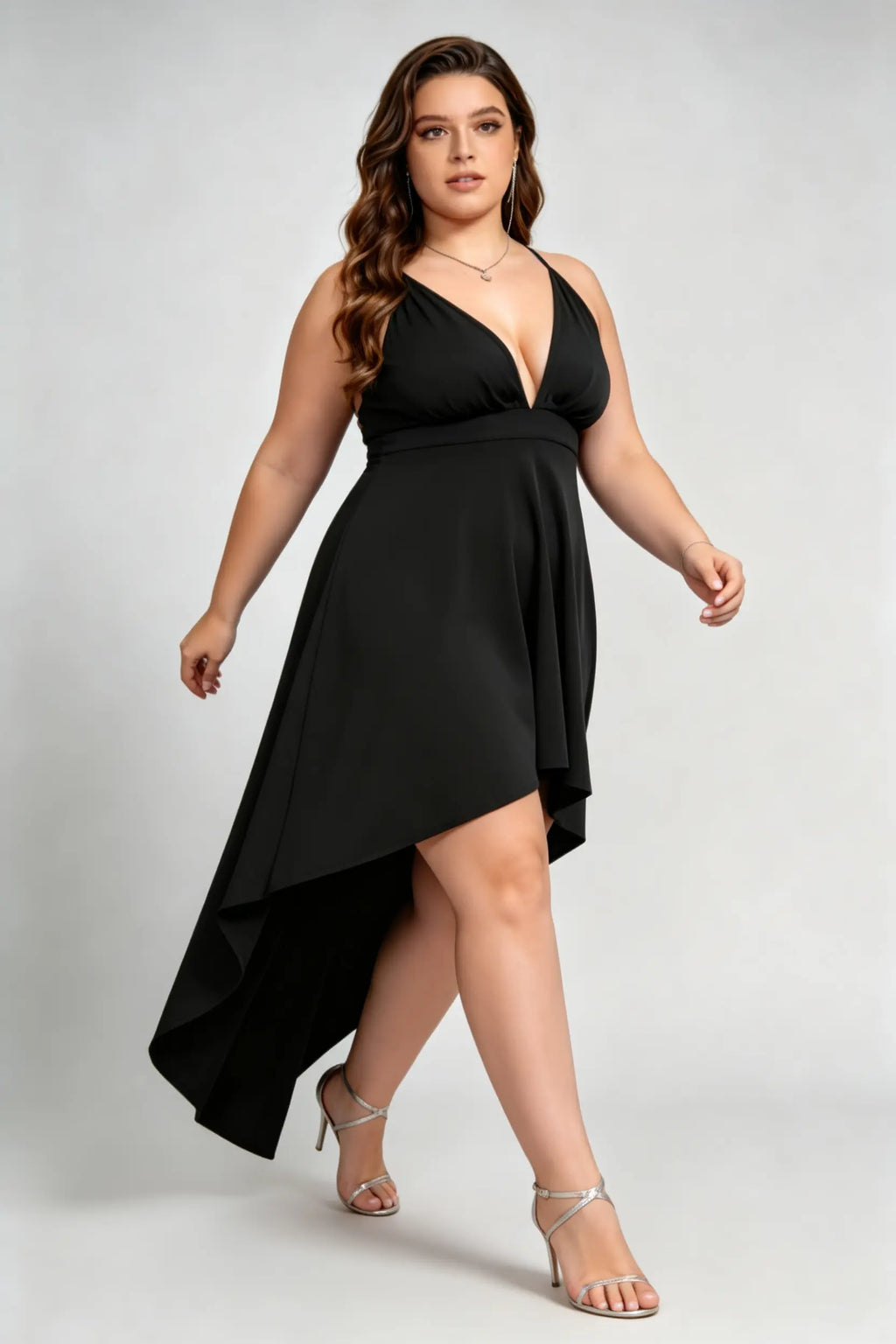 Plus Size Plunge Neck Wrap Dress - High-Low Black Cocktail Gown with Open Back