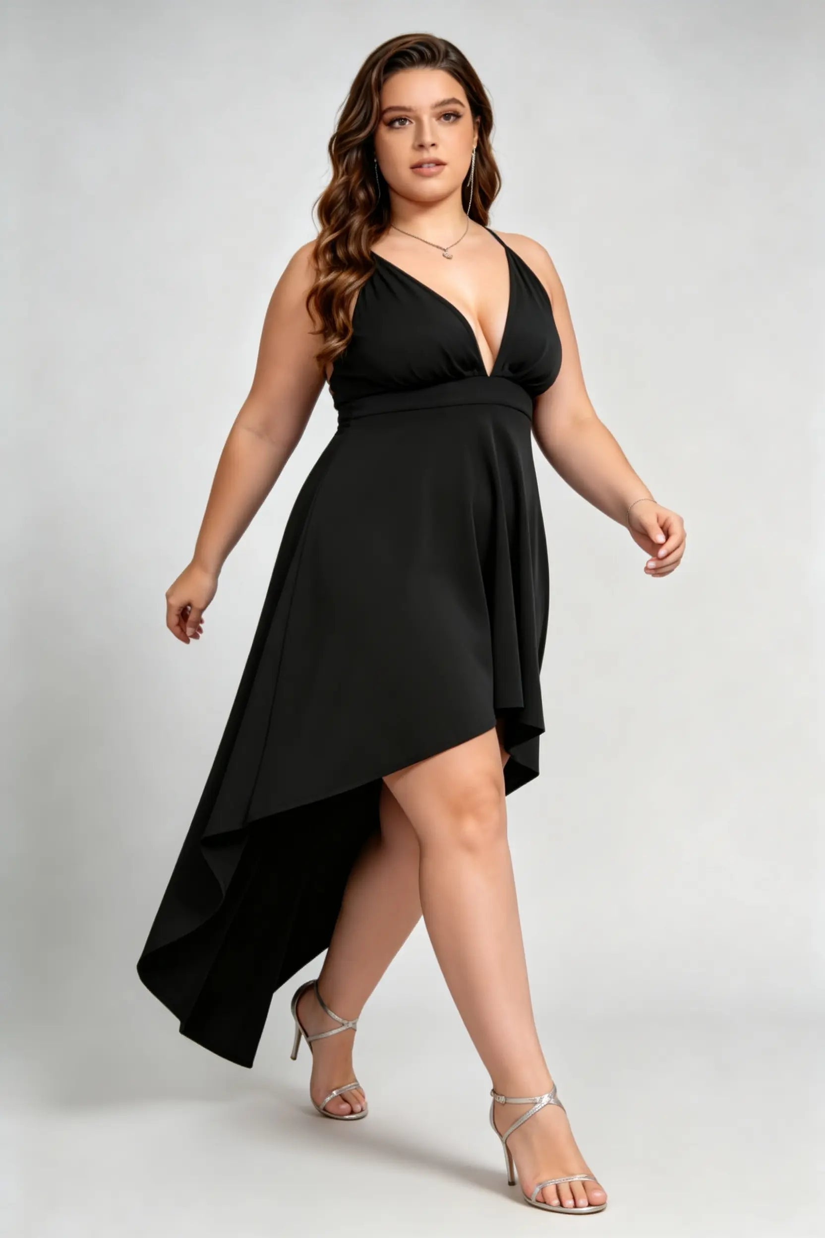 Plus Size Plunge Neck Wrap Dress - High-Low Black Cocktail Gown with Open Back