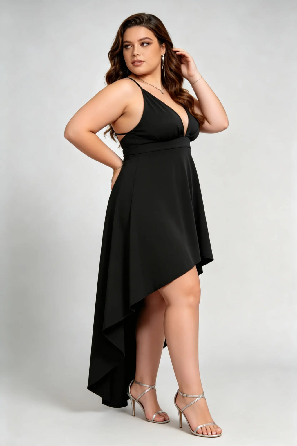 Plus Size Plunge Neck Wrap Dress - High-Low Black Cocktail Gown with Open Back