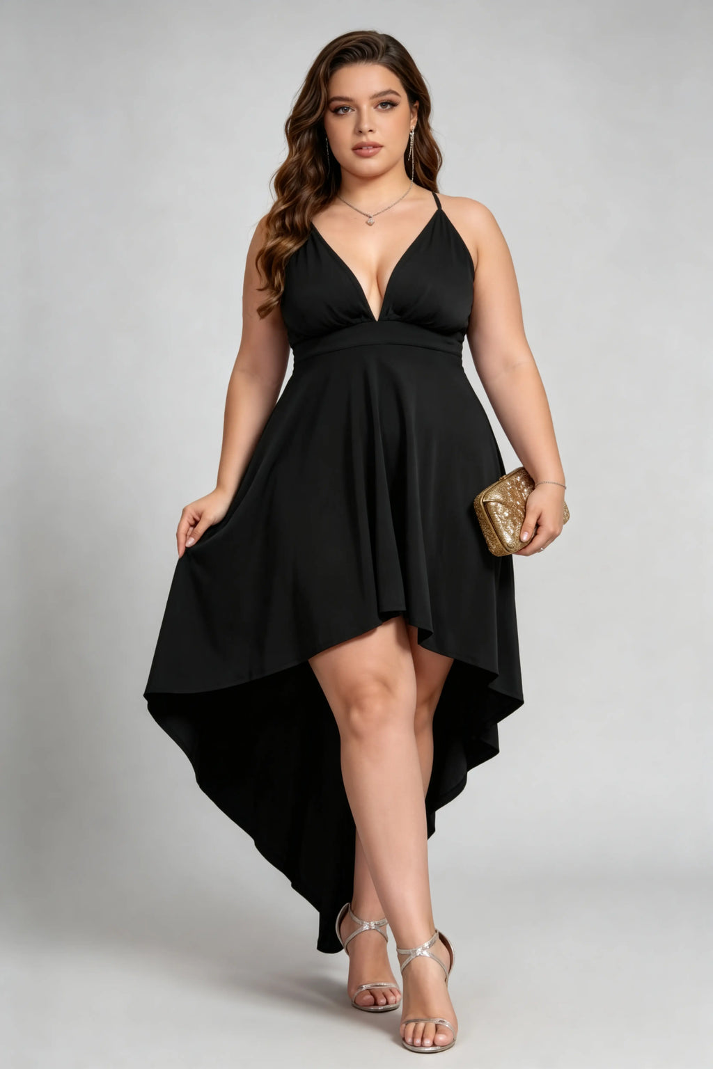 Plus Size Plunge Neck Wrap Dress - High-Low Black Cocktail Gown with Open Back