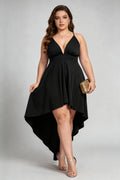 Plus Size Plunge Neck Wrap Dress - High-Low Black Cocktail Gown with Open Back