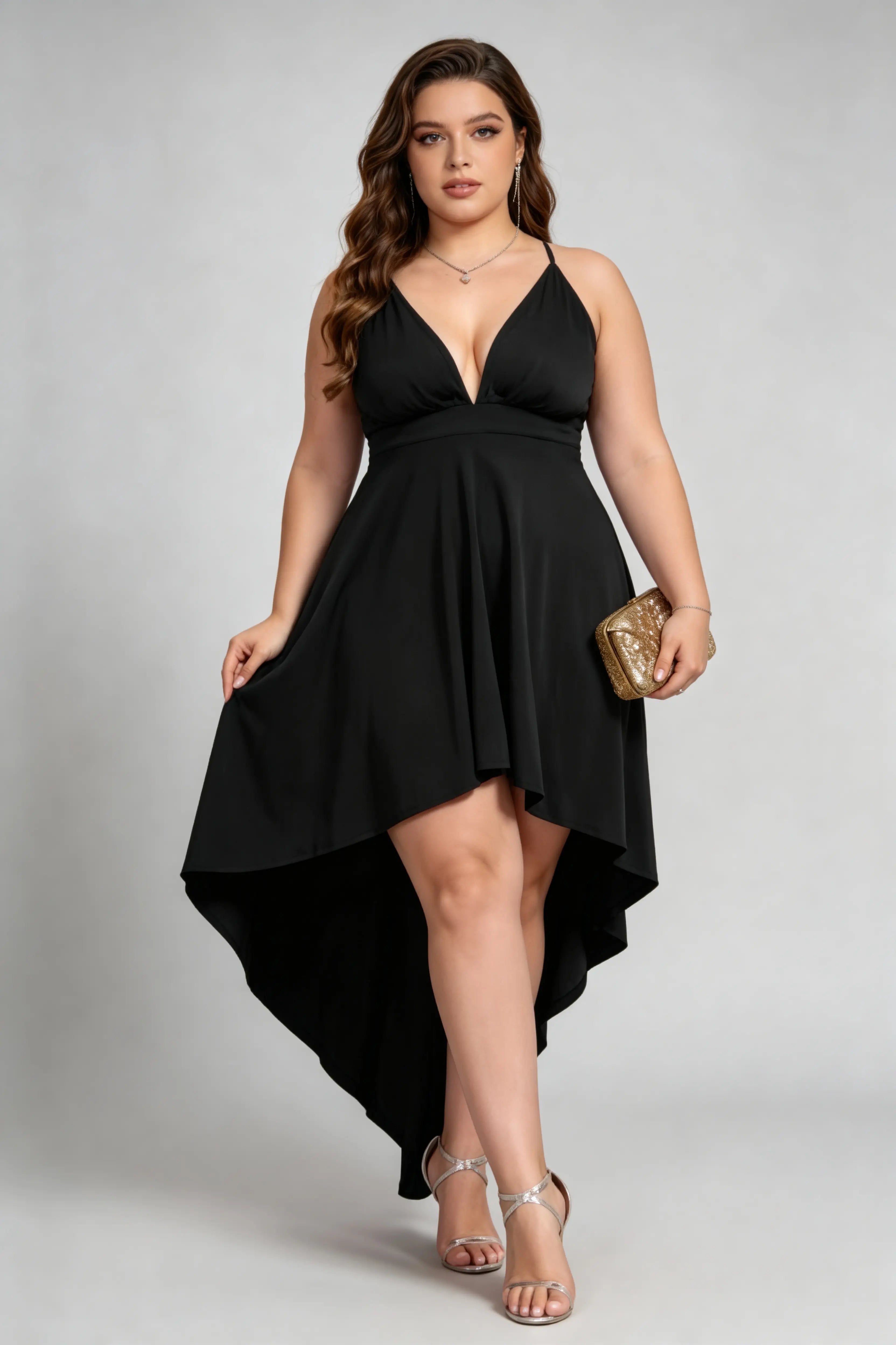 Plus Size Plunge Neck Wrap Dress - High-Low Black Cocktail Gown with Open Back