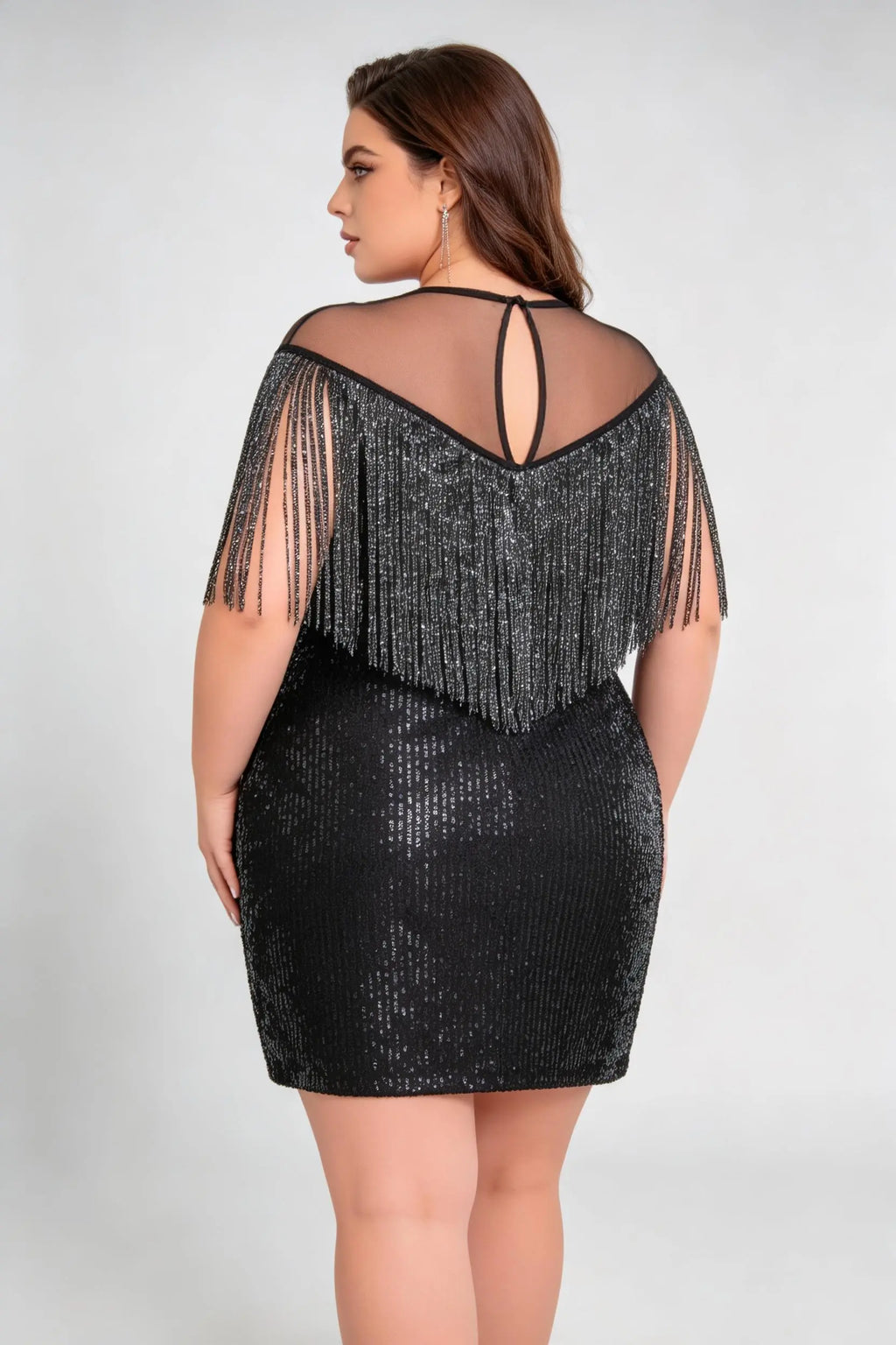 Plus Size Sequin Fringe Dress - Art Deco Cocktail Bodycon Gown with Sheer Yoke