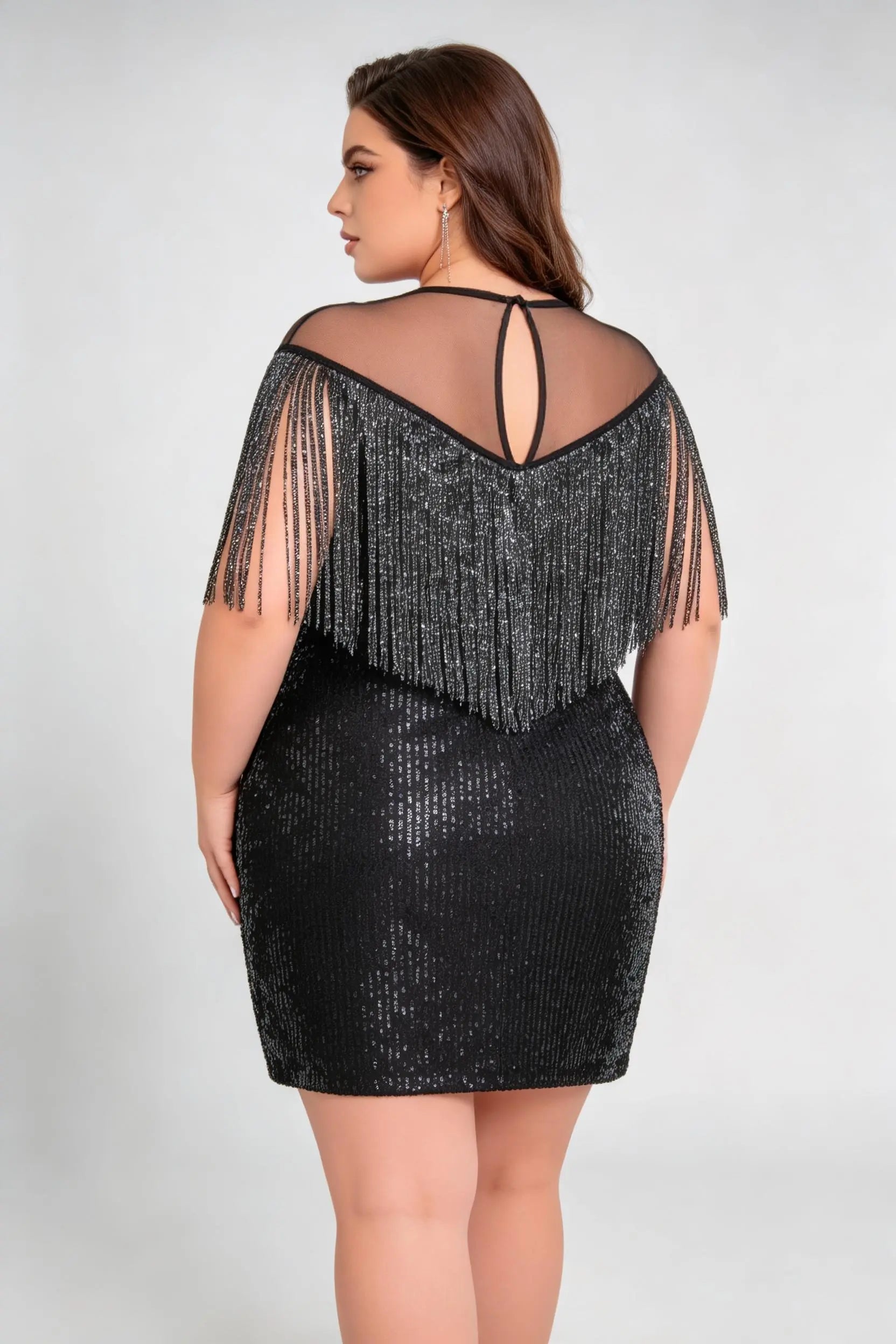 Plus Size Sequin Fringe Dress - Art Deco Cocktail Bodycon Gown with Sheer Yoke