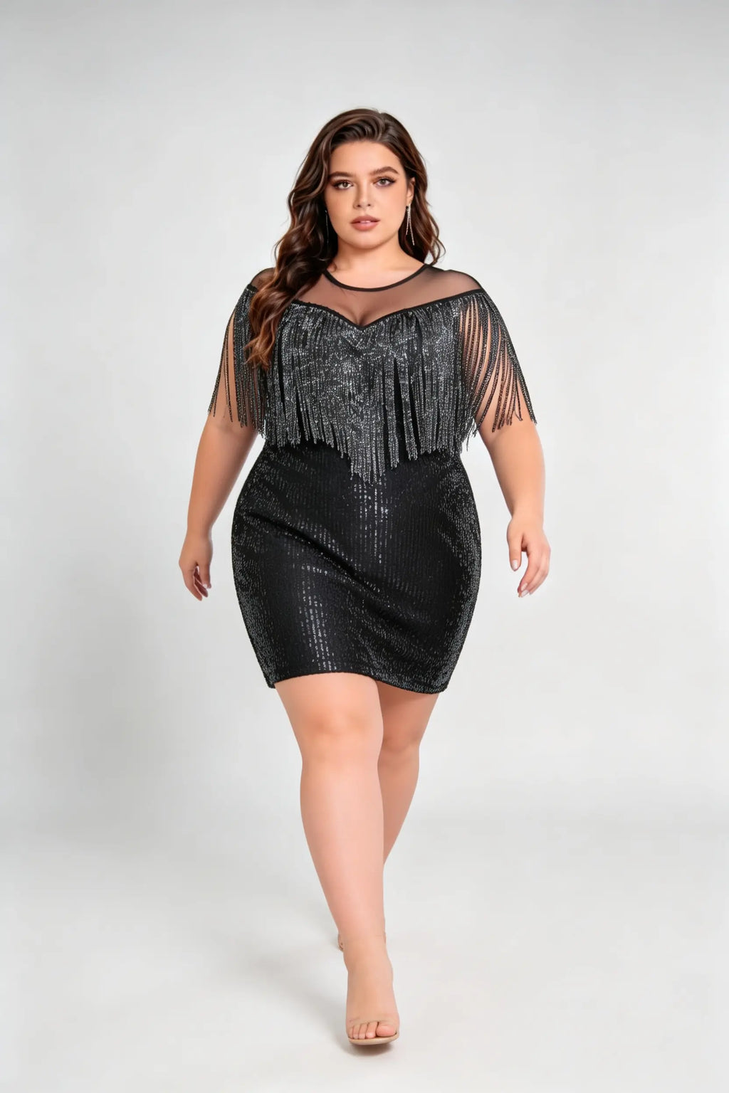 Plus Size Sequin Fringe Dress - Art Deco Cocktail Bodycon Gown with Sheer Yoke