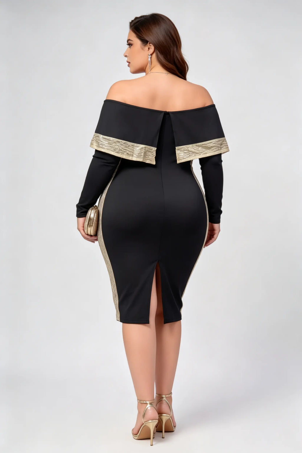 Plus Size Off-Shoulder Bodycon Midi Dress with Metallic Trim - Black & Gold