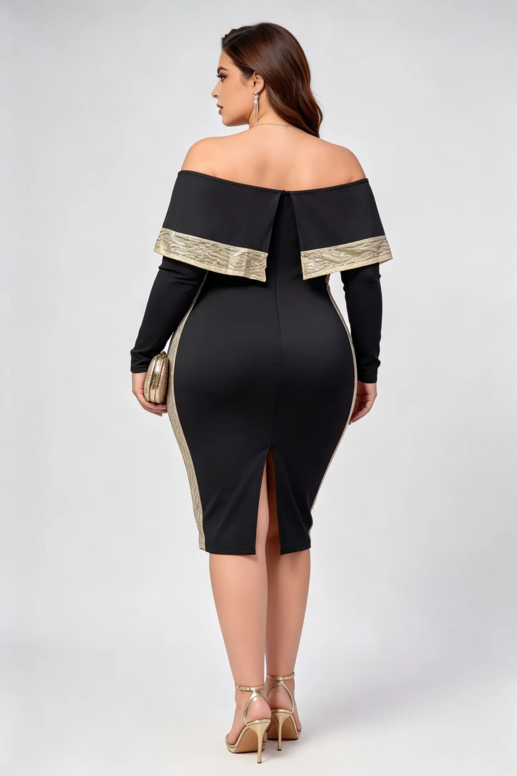 Plus Size Off-Shoulder Bodycon Midi Dress with Metallic Trim - Black & Gold