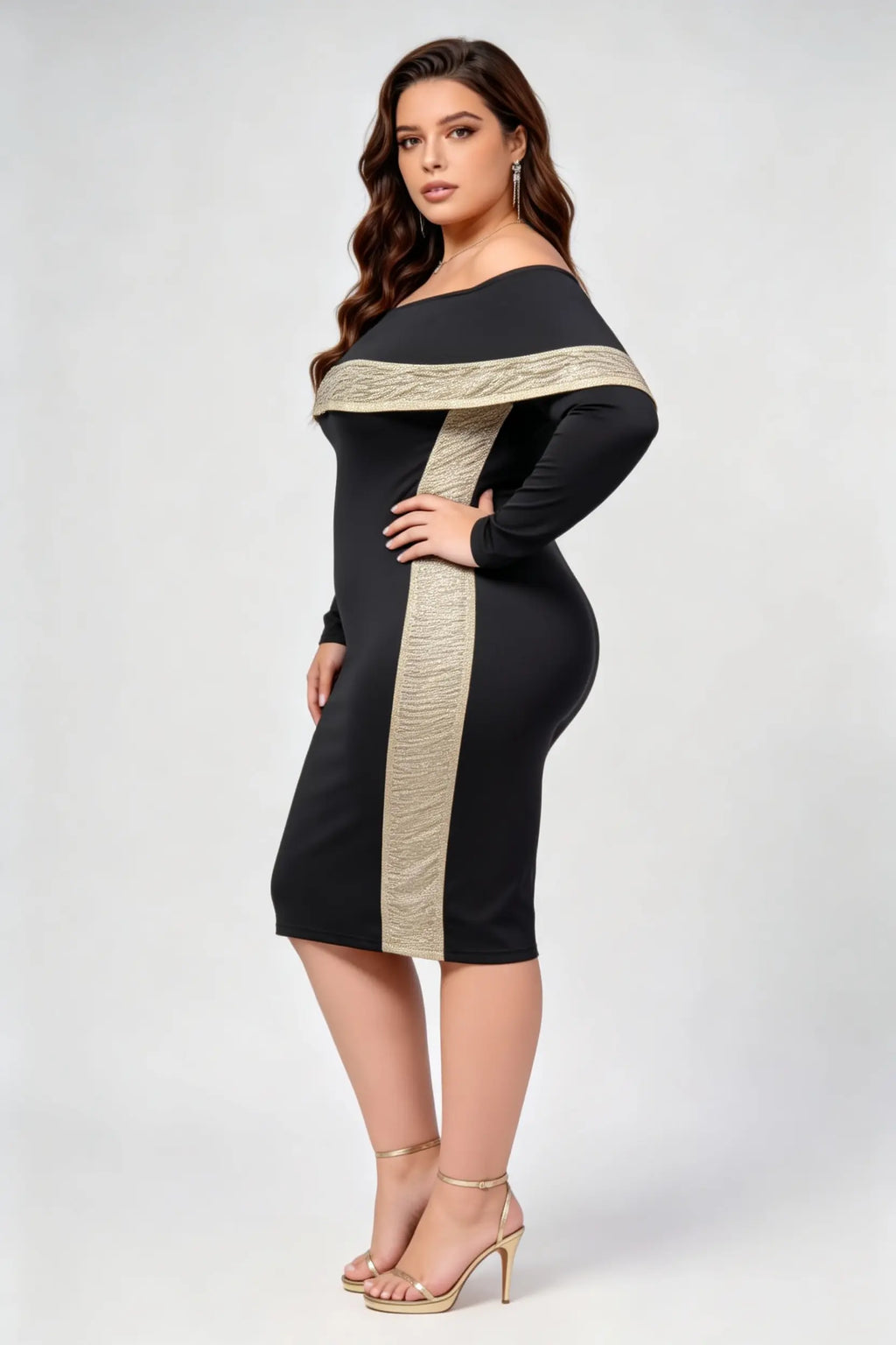 Plus Size Off-Shoulder Bodycon Midi Dress with Metallic Trim - Black & Gold