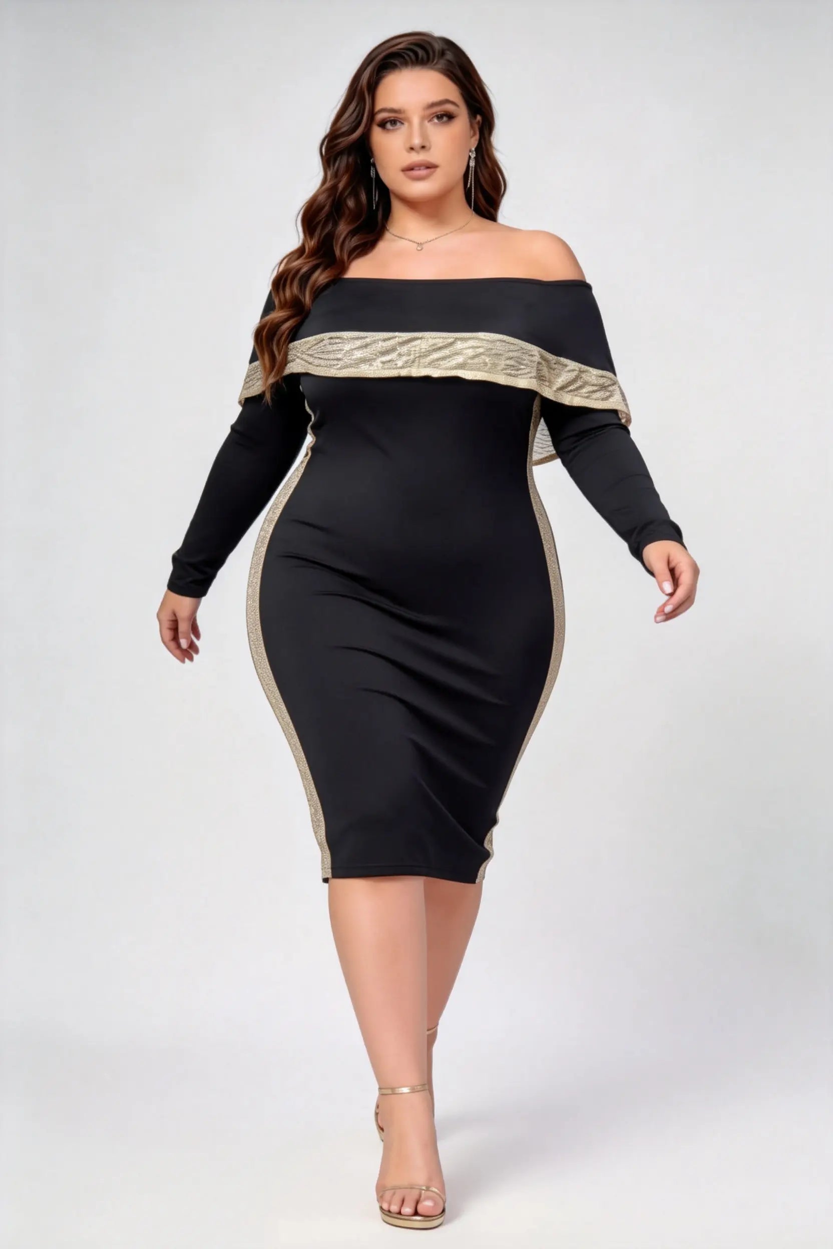 Plus Size Off-Shoulder Bodycon Midi Dress with Metallic Trim - Black & Gold
