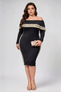Plus Size Off-Shoulder Bodycon Midi Dress with Metallic Trim - Black & Gold