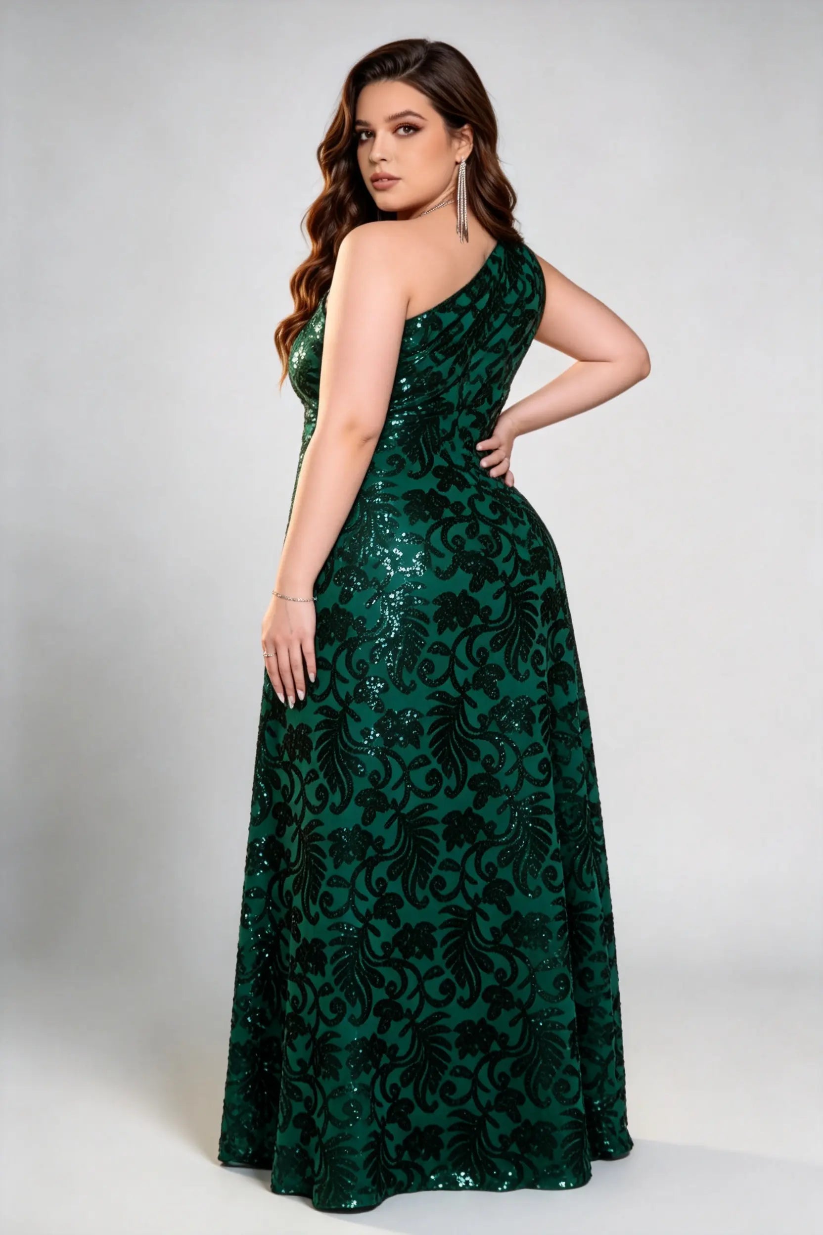 Plus Size One-Shoulder Sequin Maxi Dress - Emerald Green