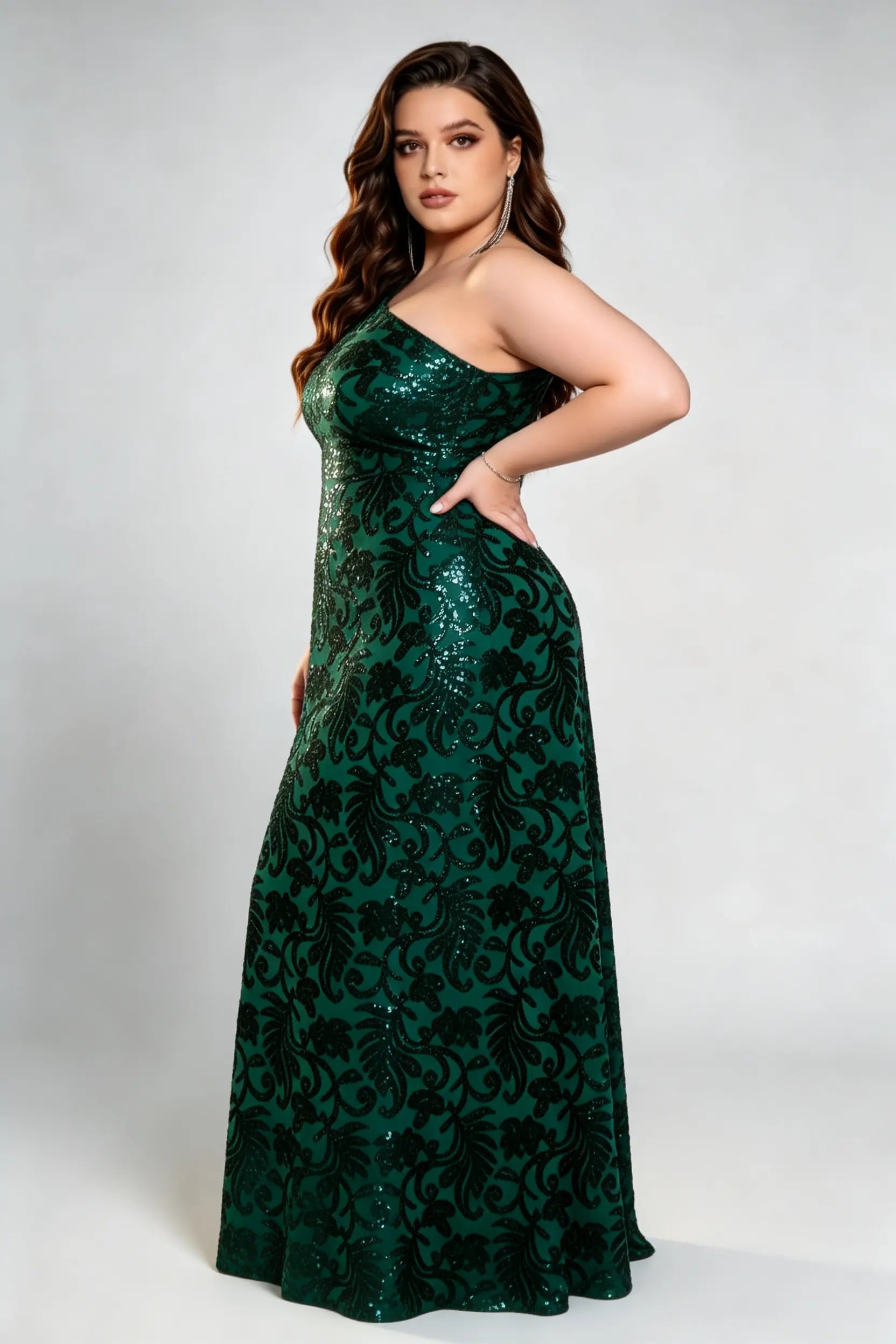 Plus Size One-Shoulder Sequin Maxi Dress - Emerald Green