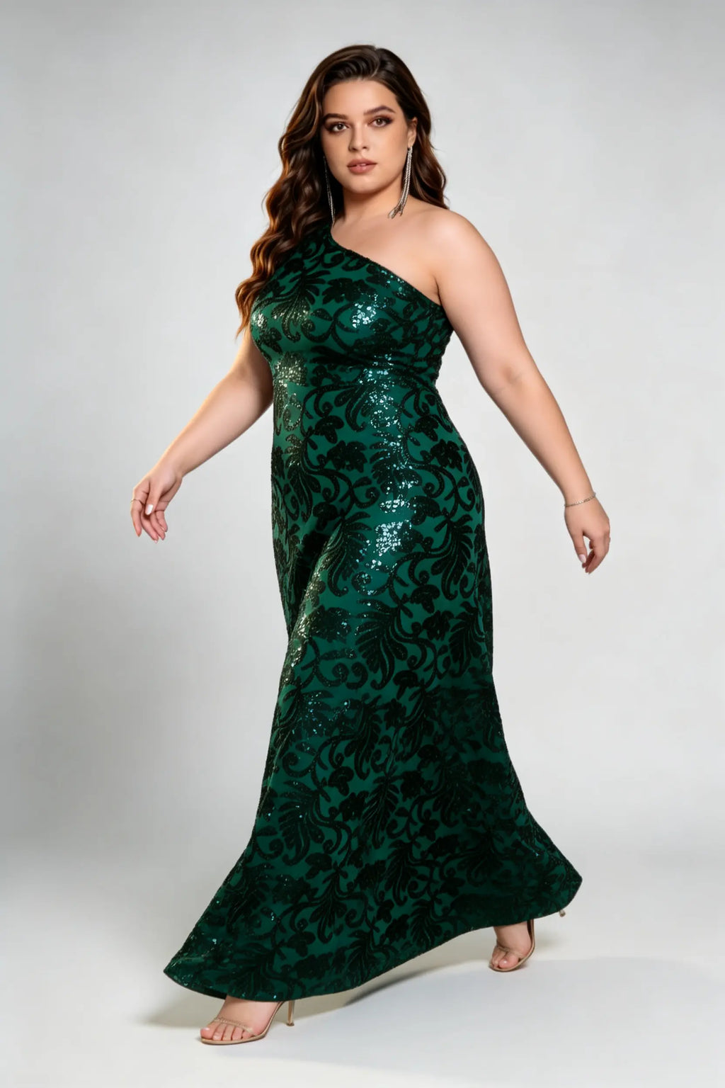 Plus Size One-Shoulder Sequin Maxi Dress - Emerald Green