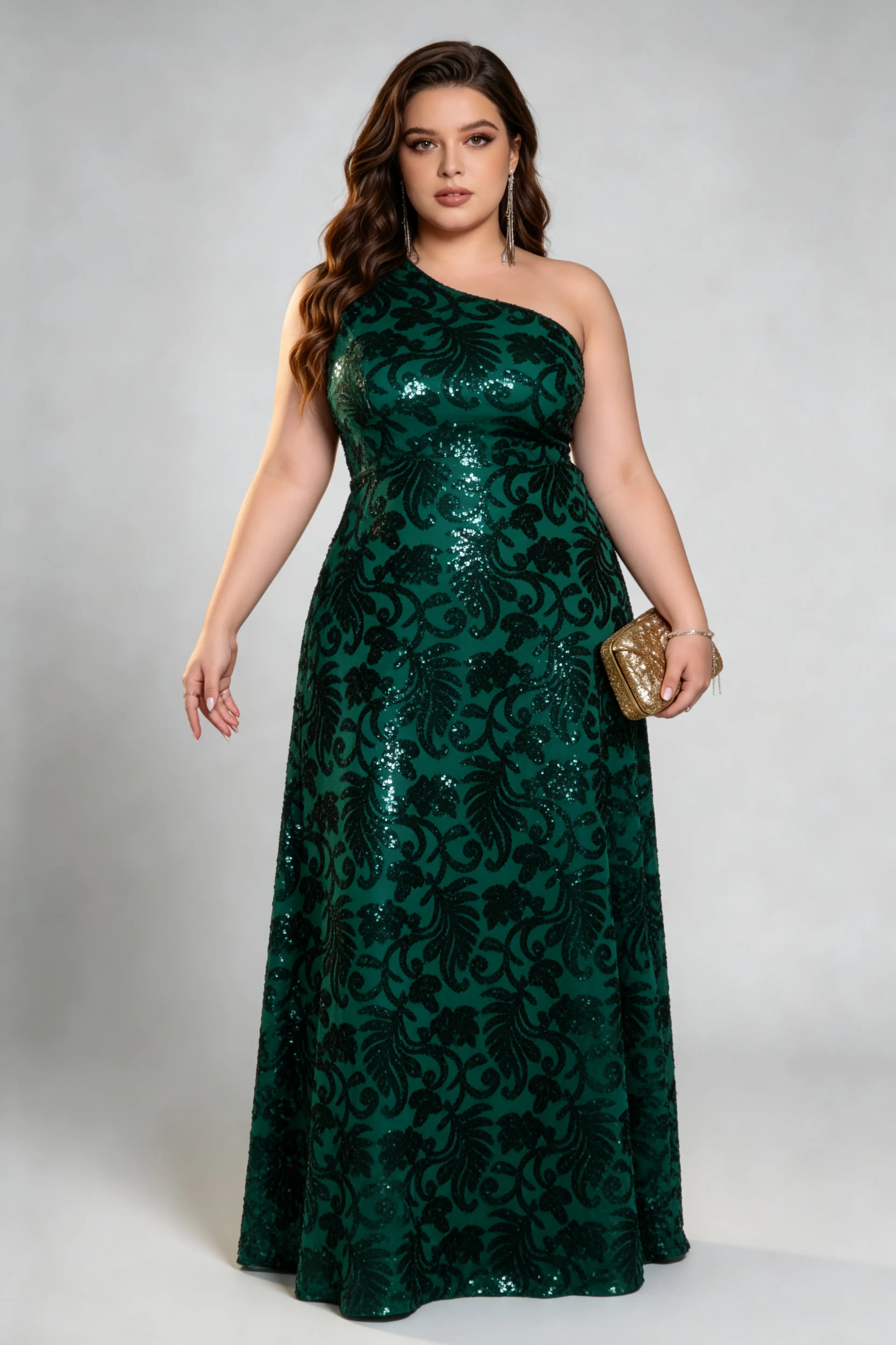 Plus Size One-Shoulder Sequin Maxi Dress - Emerald Green