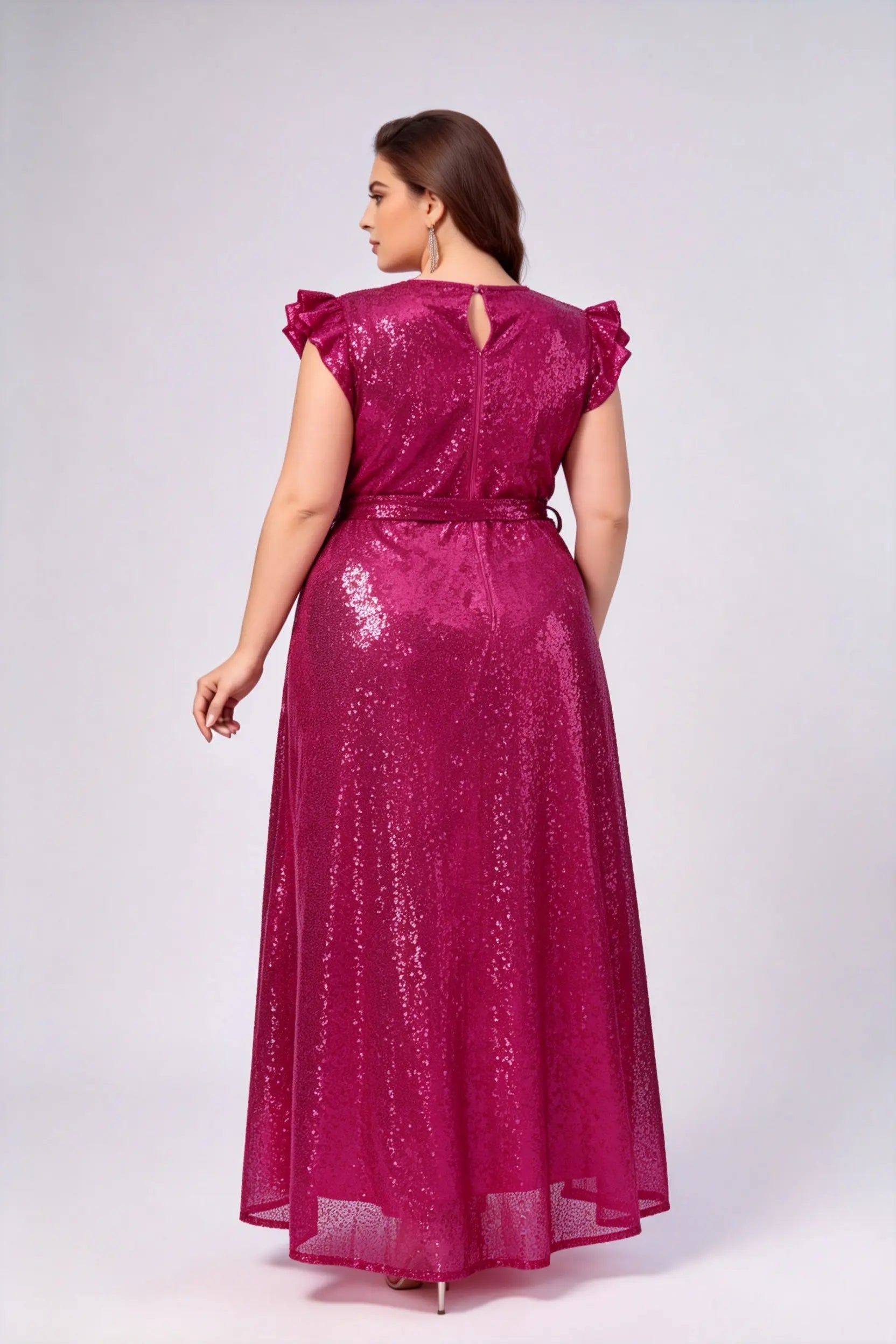 Plus Size Rose Red Sequins Ruffle Cap Sleeve Self-Tie Belt A-Line Floor Length Formal Evening Dress