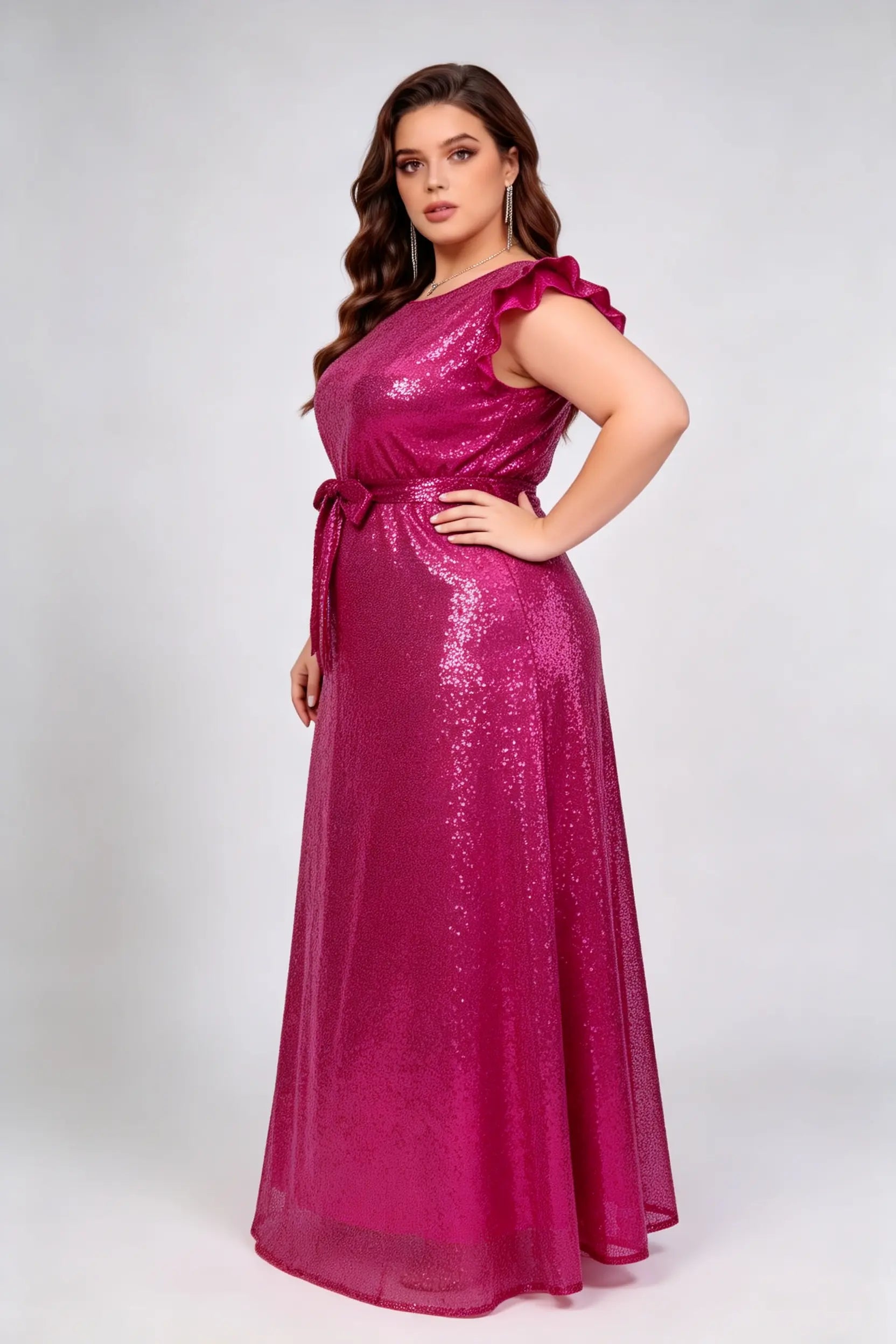 Plus Size Rose Red Sequins Ruffle Cap Sleeve Self-Tie Belt A-Line Floo phoehua Plus Size Rose Red Sequins Ruffle Cap Sleeve Self-Tie Belt A-Line Floo phoehua