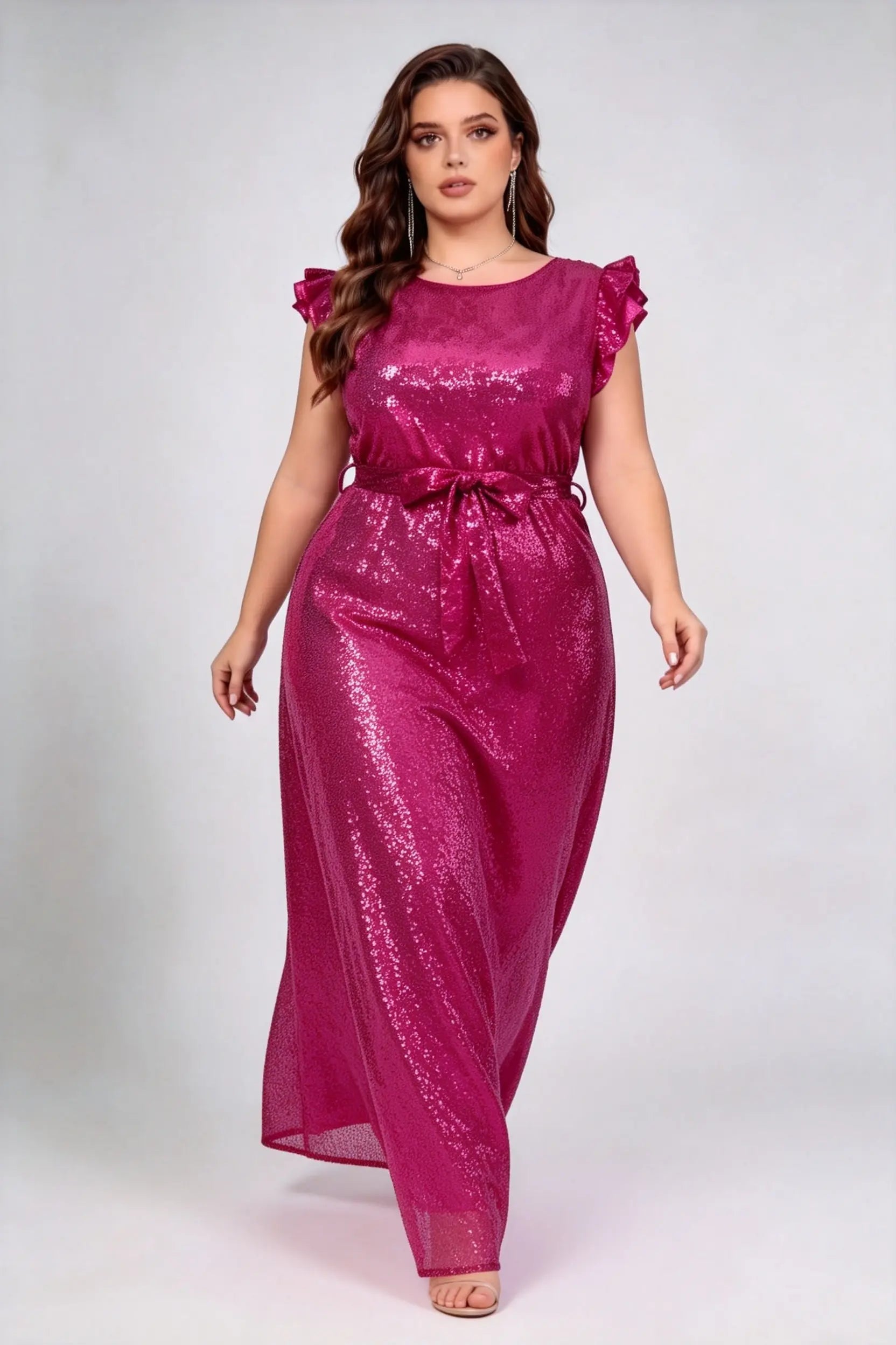 Plus Size Rose Red Sequins Ruffle Cap Sleeve Self-Tie Belt A-Line Floo –  phoehua
