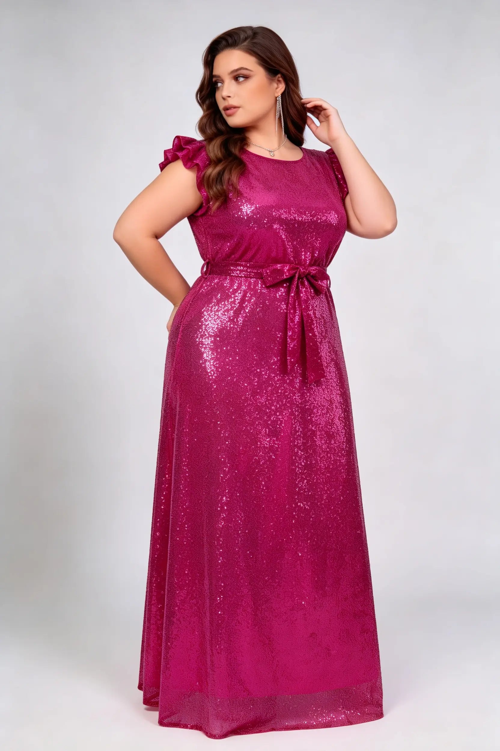 Plus Size Rose Red Sequins Ruffle Cap Sleeve Self-Tie Belt A-Line Floor Length Formal Evening Dress