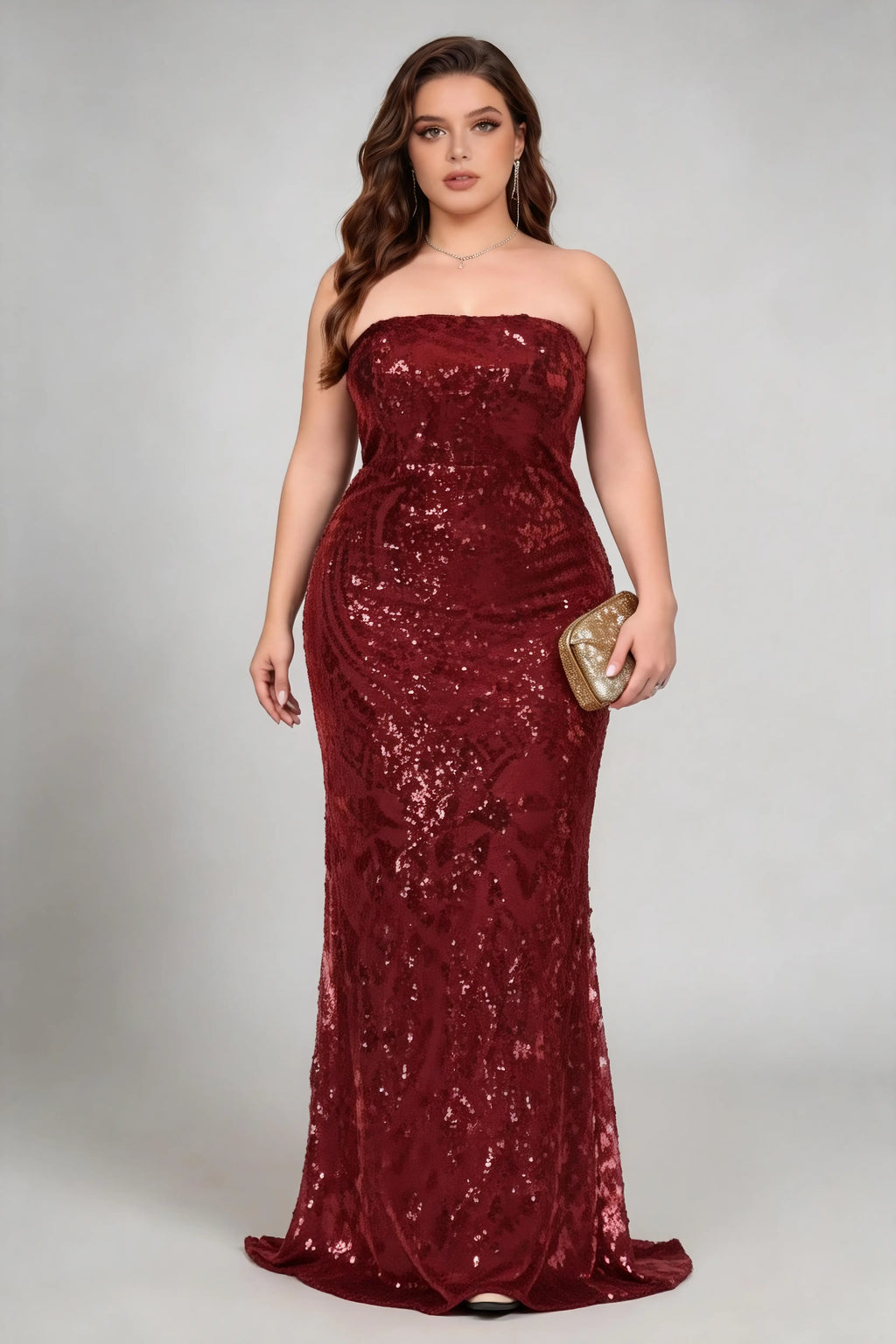 Plus Size Burgundy Strapless Sequined Mermaid Formal Evening Maxi Dress With Train